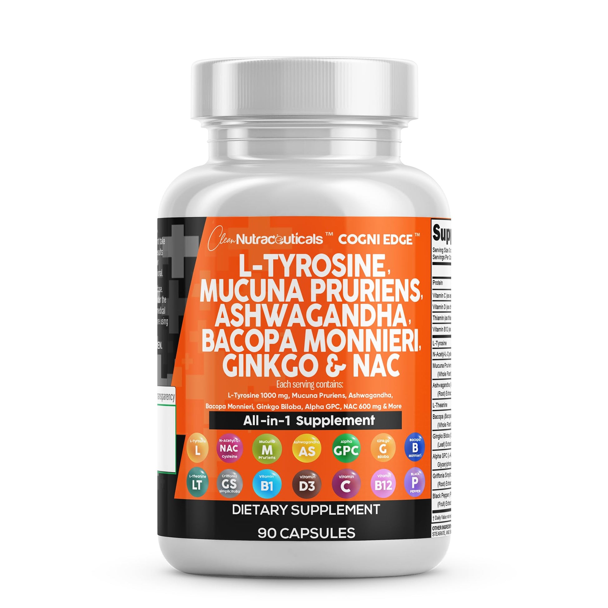 Clean Nutraceuticals L Tyrosine Mucuna Pruriens Bacopa Monnieri Ashwagandha Focus Supplement w/N-Acetyl Cysteine NAC 5-HTP Ginkgo Biloba Alpha GPC Vitamin C D B1 B12 Clean NutraceuticalsAu supplements