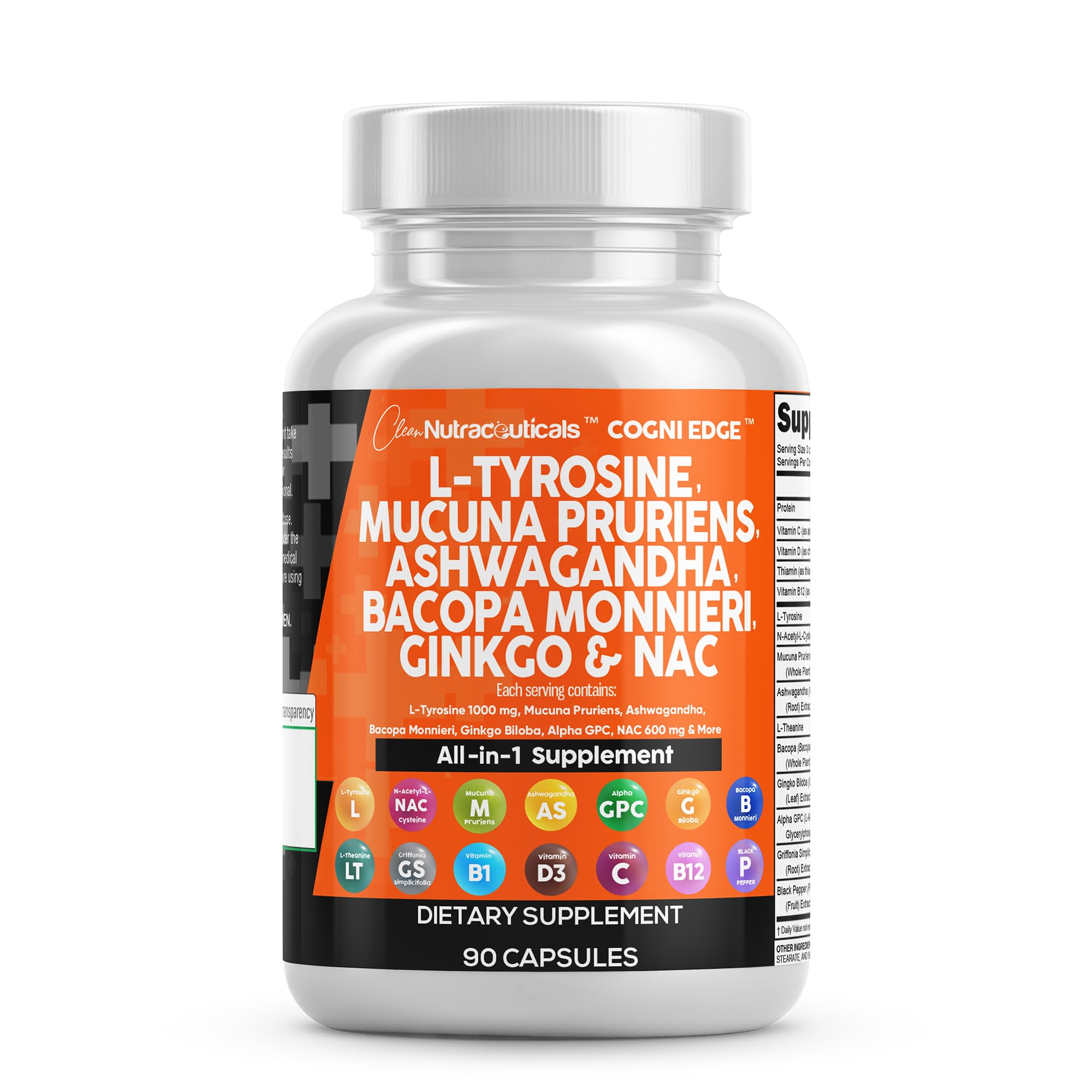 Clean Nutraceuticals L Tyrosine Mucuna Pruriens Bacopa Monnieri Ashwagandha Focus Supplement w/N-Acetyl Cysteine NAC 5-HTP Ginkgo Biloba Alpha GPC Vitamin C D B1 B12 Clean NutraceuticalsAu supplements