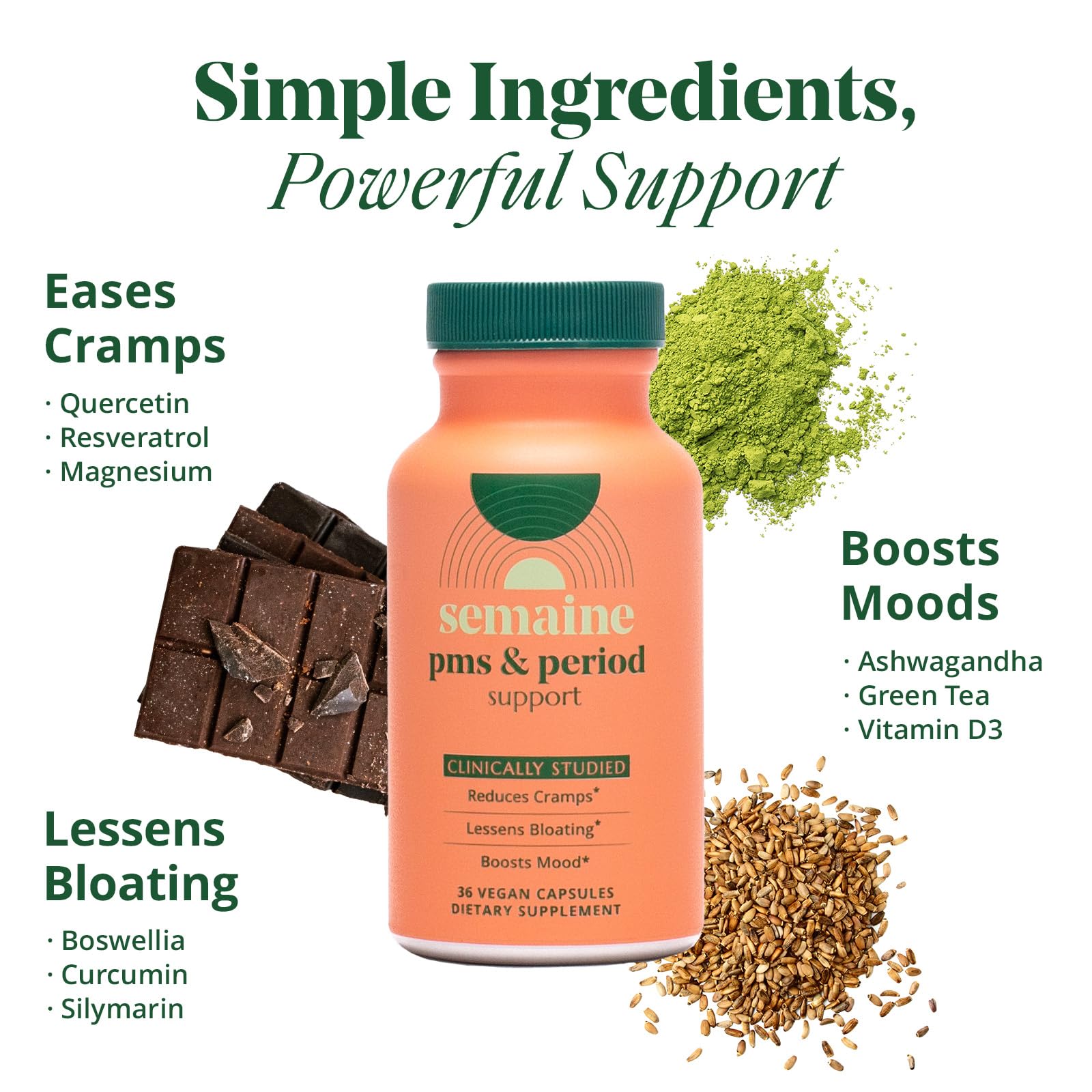 PMS & Period Relief - Menstrual Cramp Relief: No More Period Cramps, Mood Swings, or Bloating. PMS Supplement for Happy Hormones and Period Relief. (40 Count) SemaineAu supplements