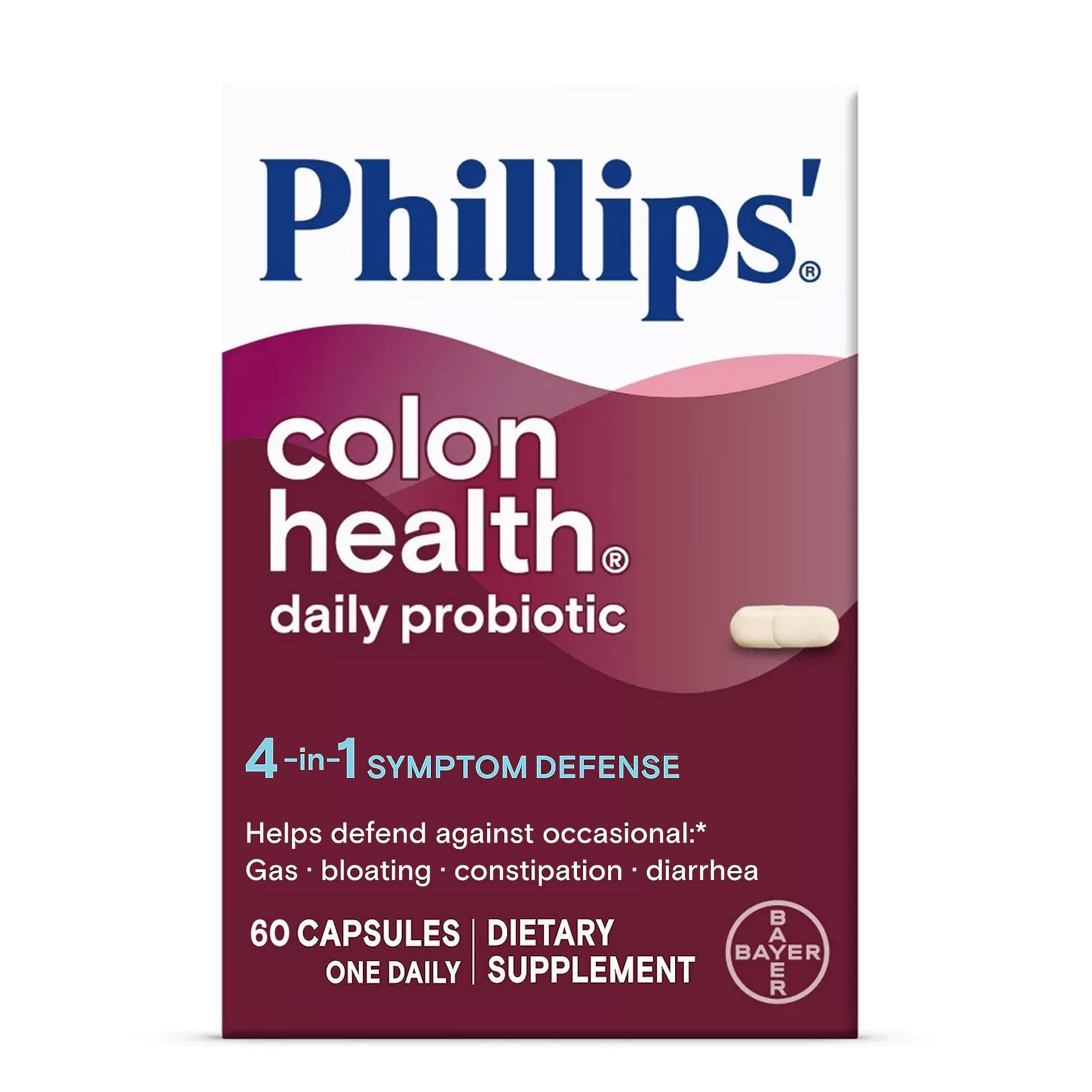 Phillips' Colon Health Daily Probiotic Capsules, 4-in-1 Symptom Defense to help defend against Occasional Gas, Bloating, Constipation, and Diarrhea, Daily Supplement, 60 Count Phillips'Au supplements