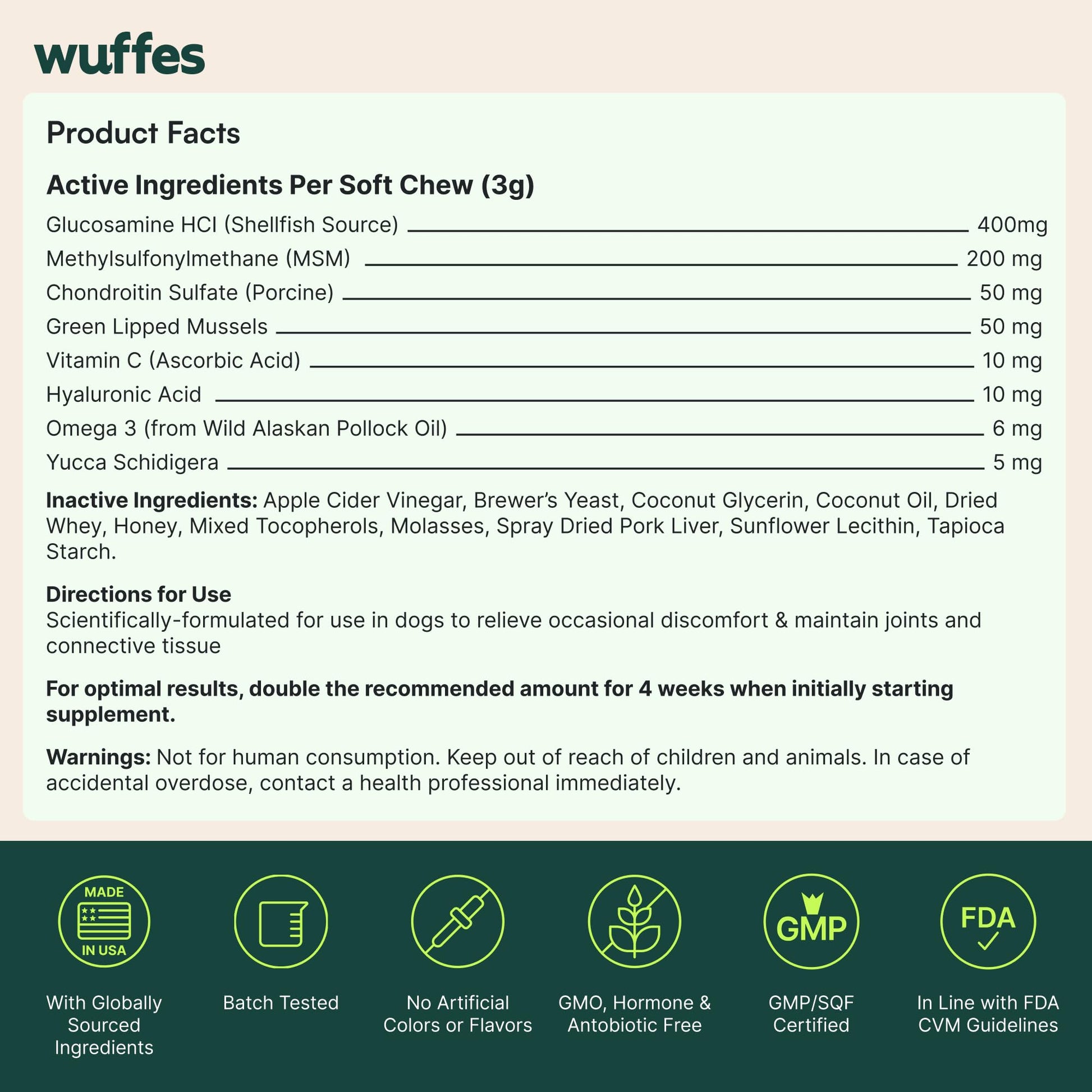 Wuffes Advanced Dog Hip and Joint Supplement with Glucosamine, Chondroitin, Omega 3, MSM, and Green Lipped Mussel, 60 Pork Flavored Chews for Small and Medium Dog Breeds WuffesAu supplements
