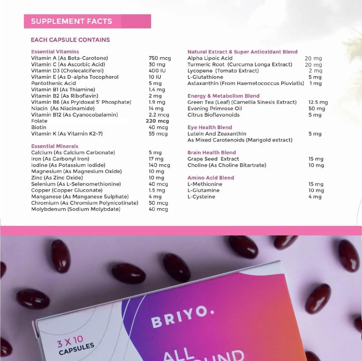 Briyosis All Around Women - 38 nutrients (Essential Vitamins, Minerals, Natural extracts, Amino acids, Primrose Oil) - 90 Capsules BriyosisAu supplements