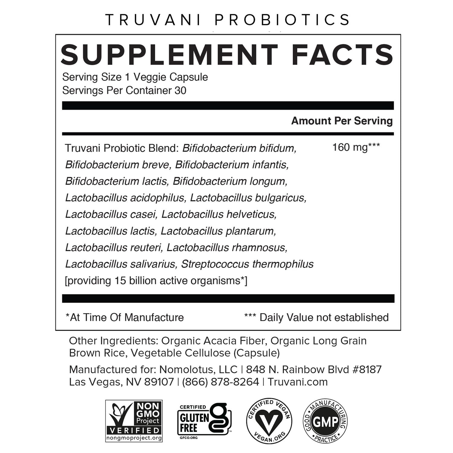 Truvani Probiotic Supplement | 30 Servings | 15 Billion CFU | 15 Diverse Strains for Digestive, Immune & Brain Health Support | Shelf-Stable Vegan Capsules | Non-GMO, No Fillers TruvaniAu supplements