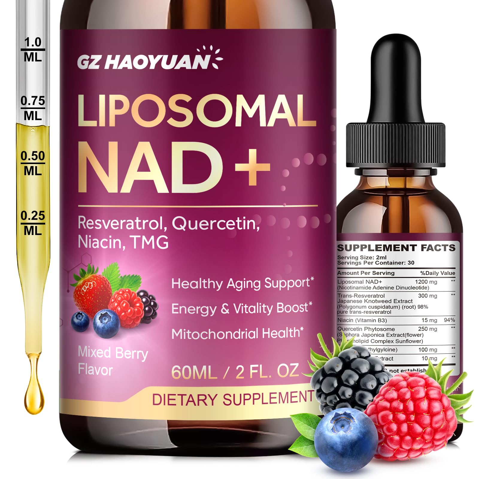 Liposomal NAD Supplement - 1200mg NAD+ Liquid Drops for Women & Men with Nicotinamide, Resveratrol, Quercetin, TMG, Black Pepper Extract - Brain & Cellular Mitochondrial Health, Anti-Aging, Longevity GZ HAOYUANAu supplements