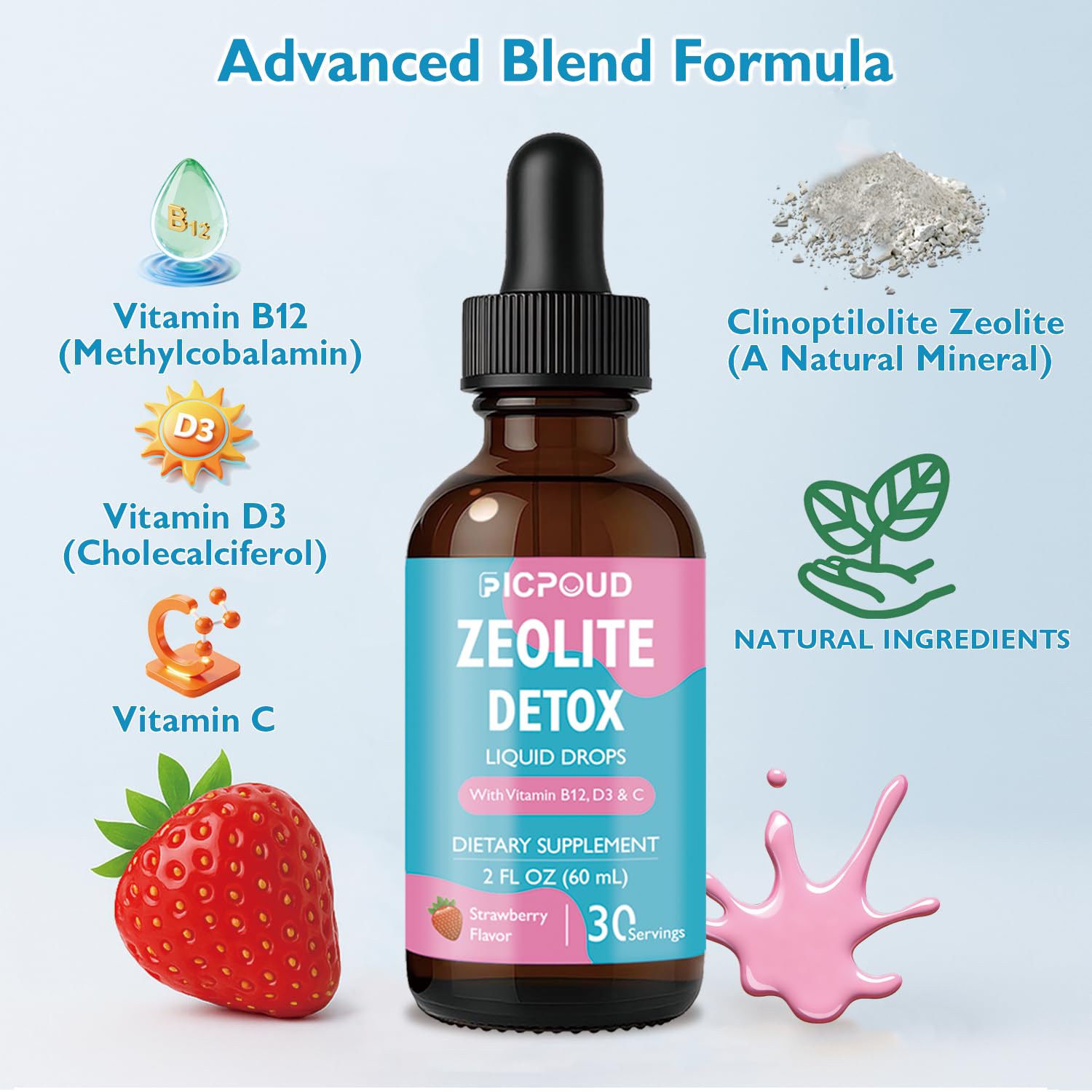 Ficpoud Zeolite Detox for Kids & Adults – Pure Zeolite clinoptilolite Liquid Drops with Vitamin B12, C & D3 – Gentle Daily Cleanse for Gut, Immune, Energy & Speech Support, Strawberry Flavor, 2 Fl Oz FicpoudAu supplements