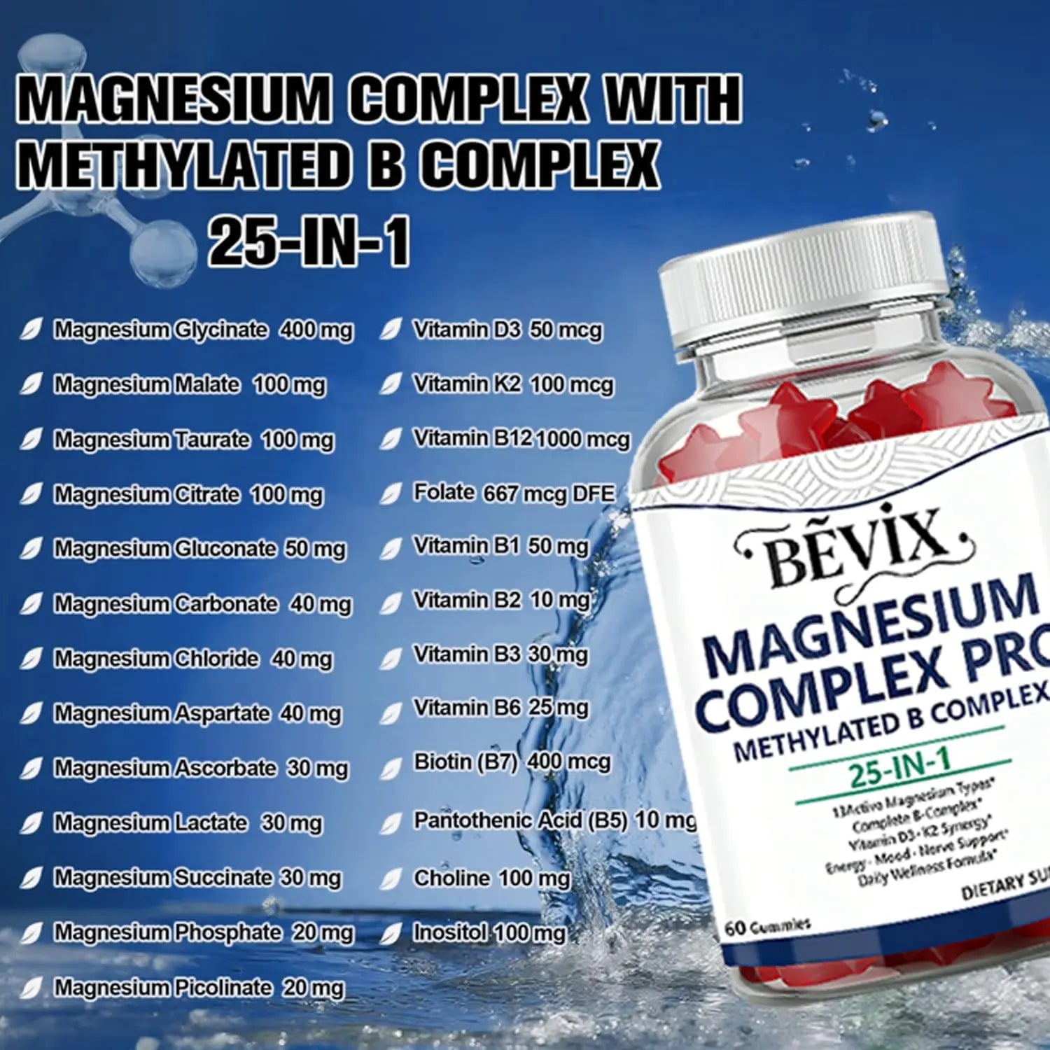 BEVIX Magnesium Complex Gummies with Methylated B Complex Magnesium Glycinate Citrate Malate Taurate Gluconate Aspartate Carbonate D3 K2, Magnesium for Relaxation Energy & Nerve, 60 Gummies BEVIXnz supplements