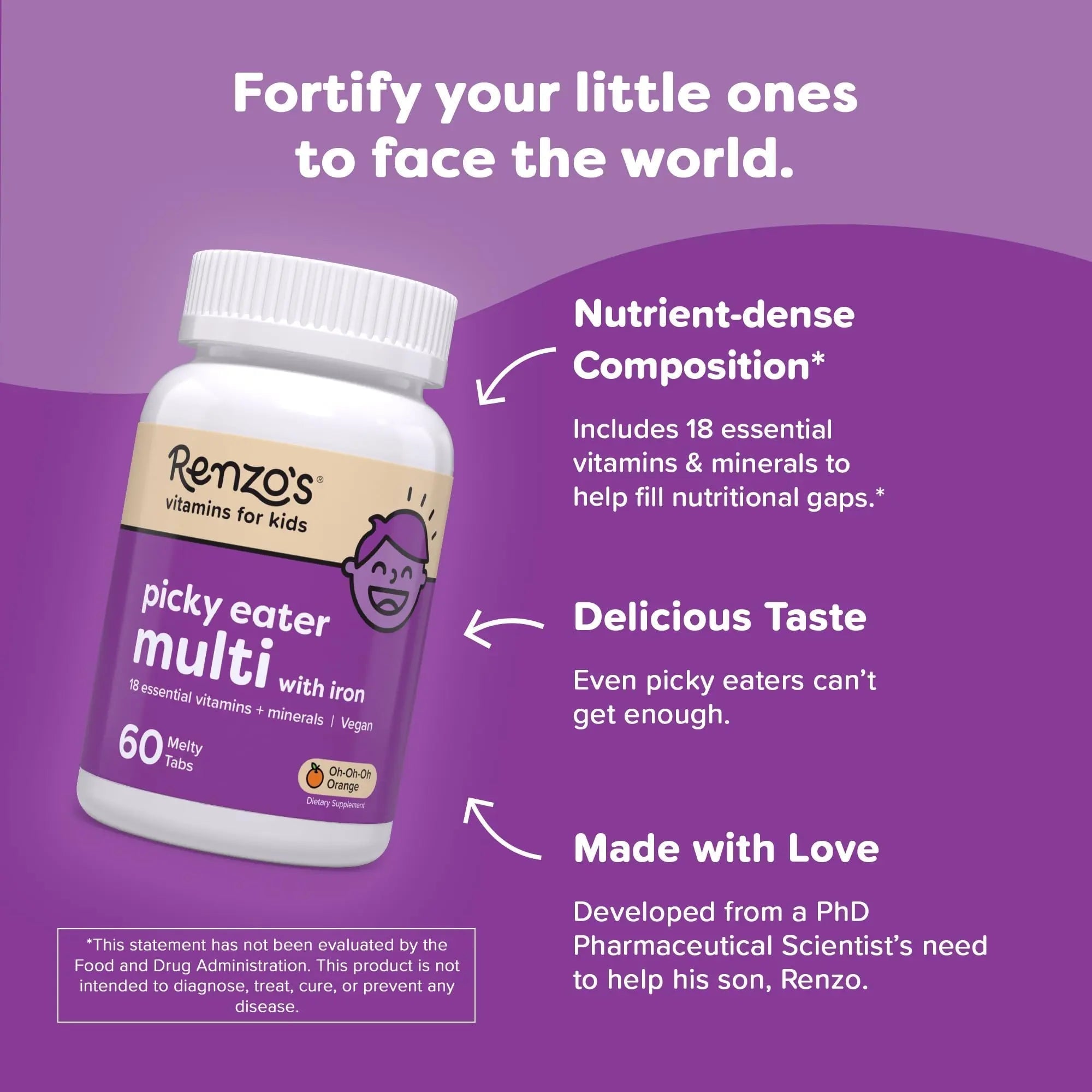 Renzo's Picky Eater Kids Multivitamin with Iron, Dissolving Kids Vitamins with Vitamin D3 and K2 and More, 60 Sugar-Free Melty Tabs Renzo'sAu supplements