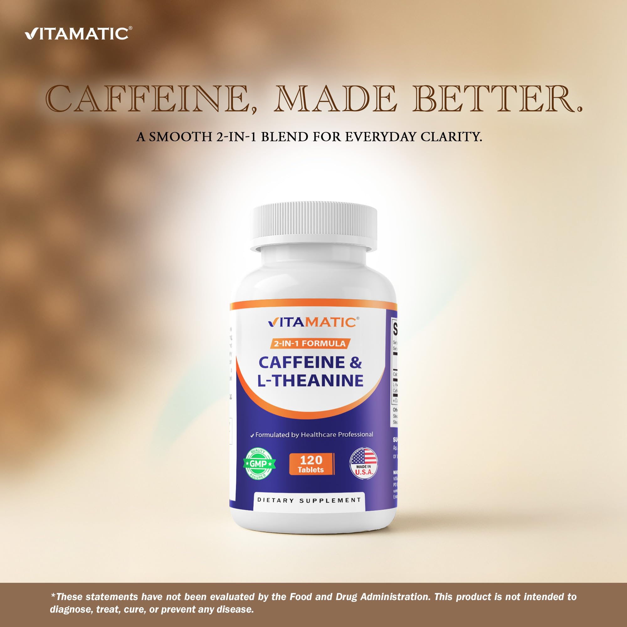 Vitamatic L-Theanine 200mg with Caffeine 100mg – 120 Vegetarian Tablets Nootropic Supplement for Focused Energy & Mental Clarity VitamaticAu supplements
