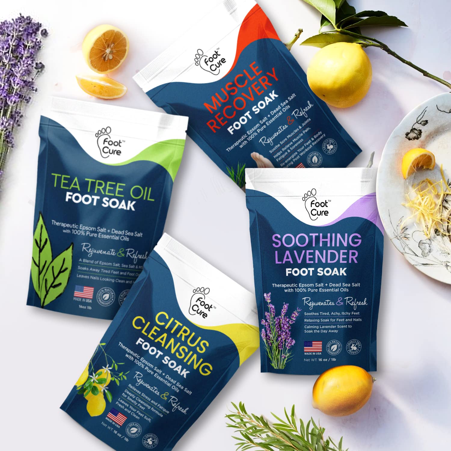Foot Soak with Epsom Salts- Variety Pack of 4- Tea Tree Oil, Muscle Relief, Calming FOOT CUREUS supplements