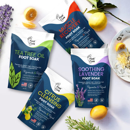 Foot Soak with Epsom Salts- Variety Pack of 4- Tea Tree Oil, Muscle Relief, Calming FOOT CUREUS supplements