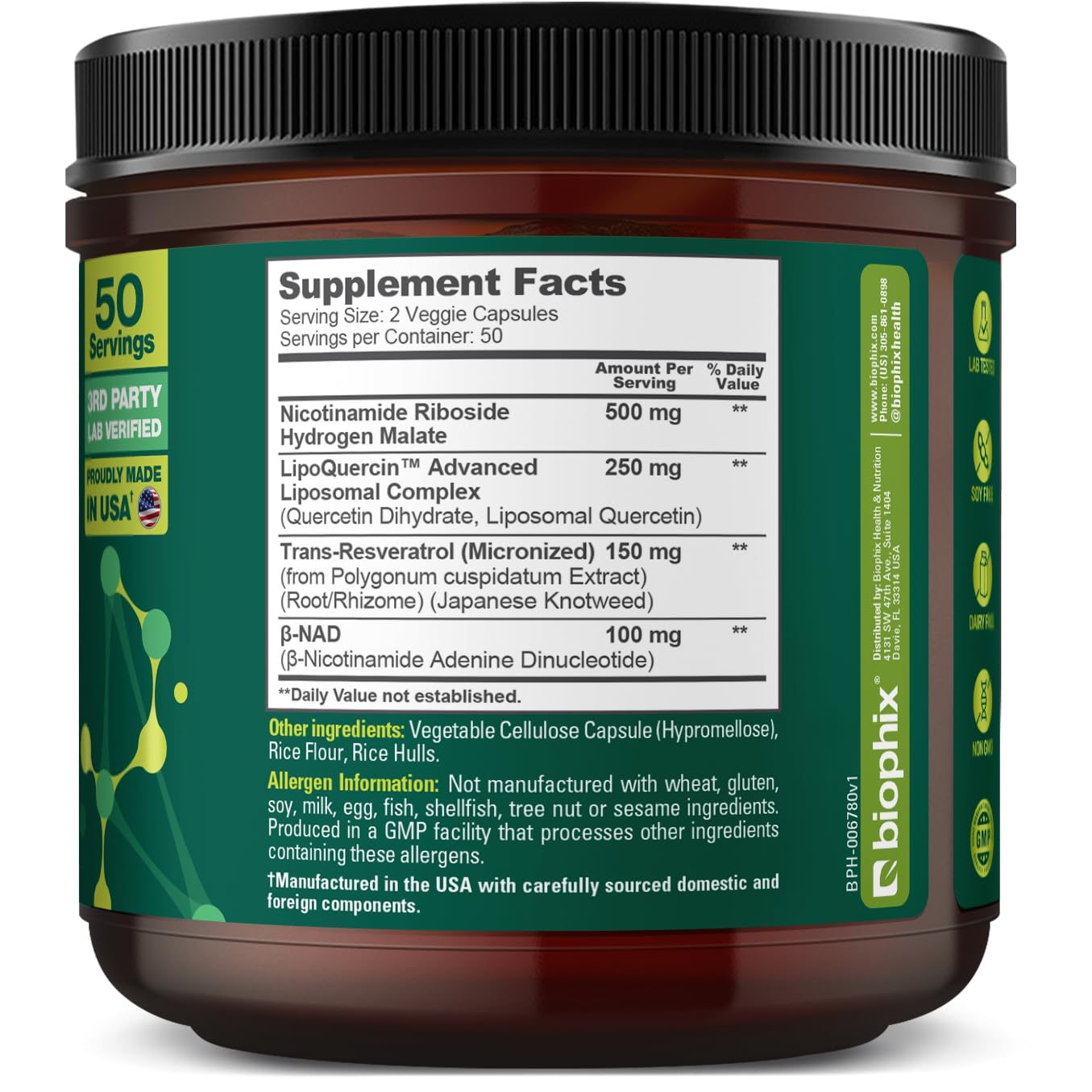 biophix NAD+ Liposomal Supplement for Women & Men - 1000 mg per Serving - Nicotinamide Riboside, Micronized Resveratrol & Quercetin Complex - 100 Veg Capsules - Non-GMO, Gluten-Free, cGMP Certified biophixAu supplements