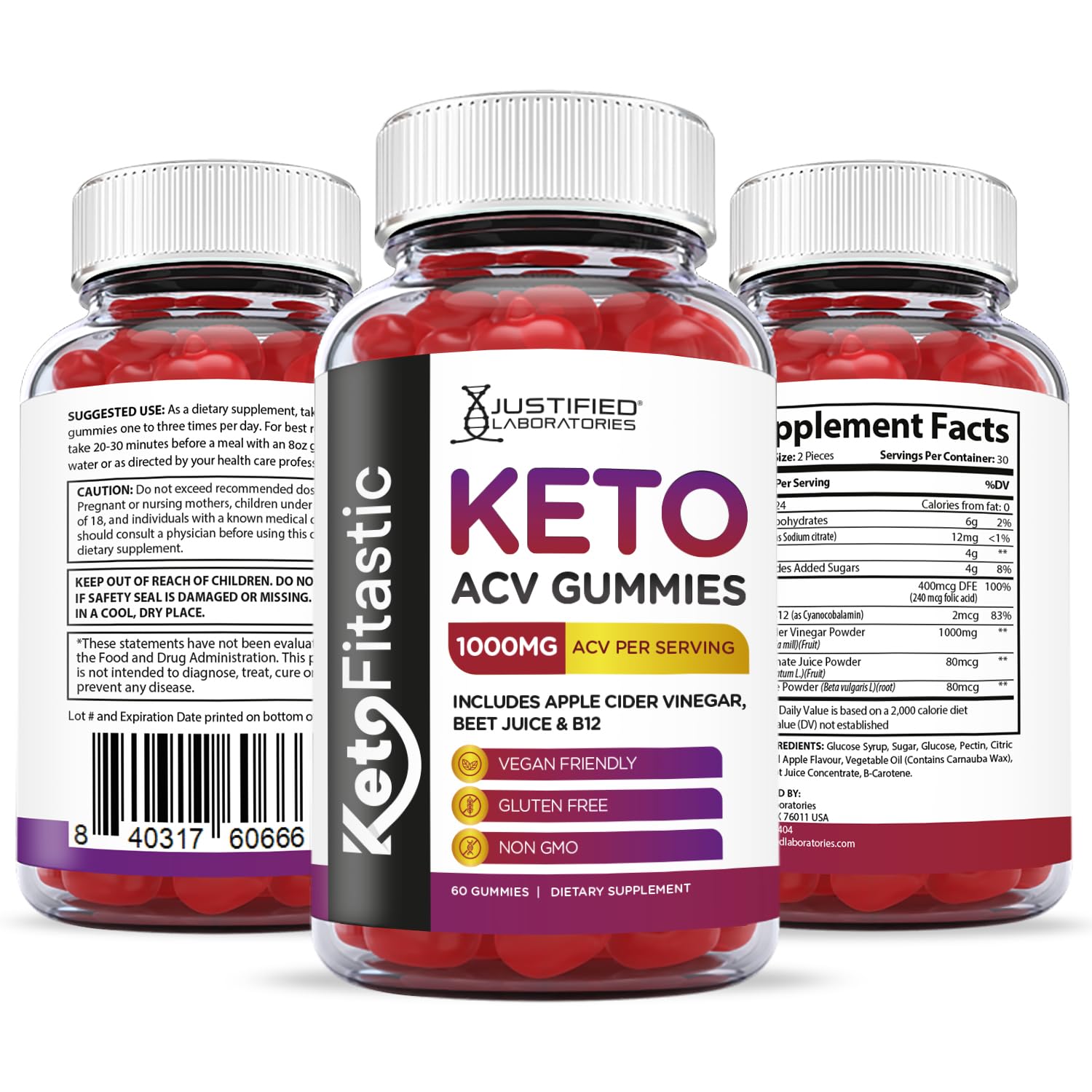 Justified Laboratories (3 Pack) Ketofitastic Keto Gummies 1000MG ACV with Pomegranate Justified LaboratoriesUS supplements