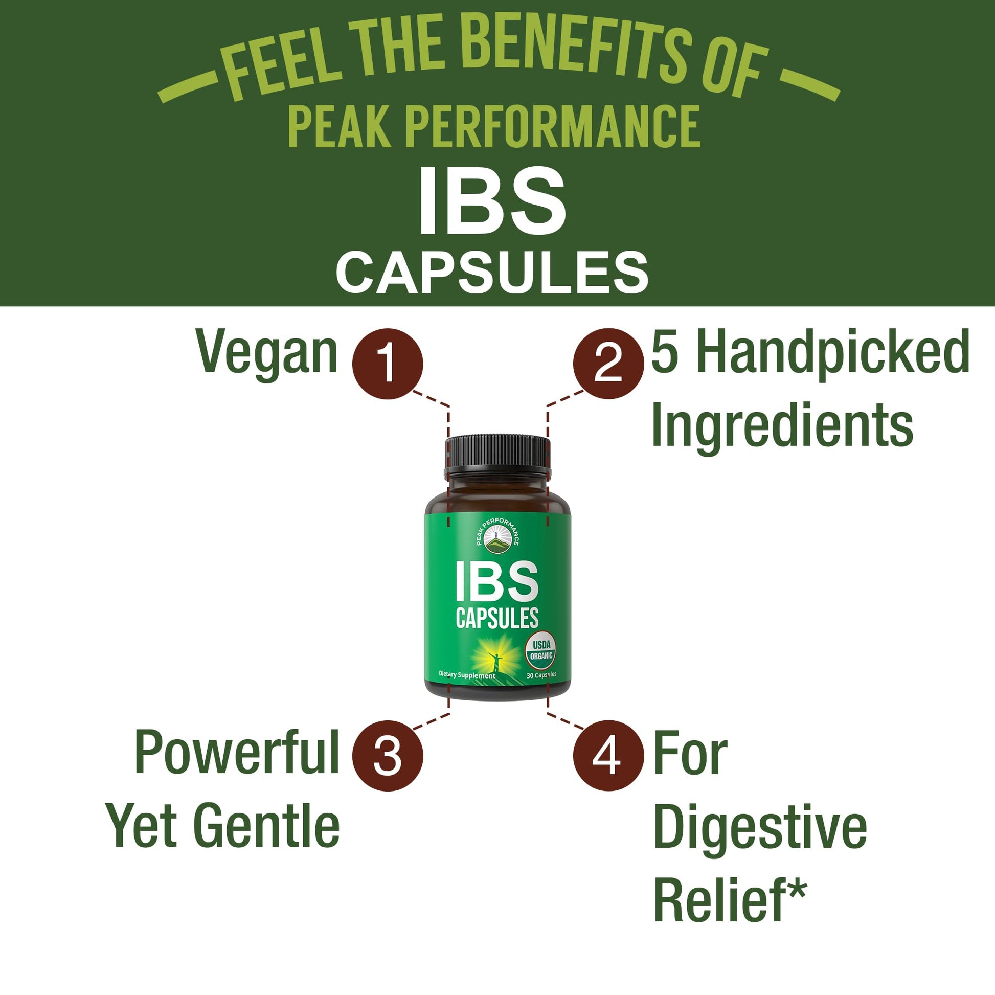USDA Organic IBS Capsules for Relief, Ingestion, Bloating, Gas. Irritable Bowel Supplement with 5 Handpicked Organic Ingredients. Peppermint Oil, Sea Buckthorn, Fennel Seed, Rosemary Leaf, Basil Leaf Peak PerformanceAu supplements