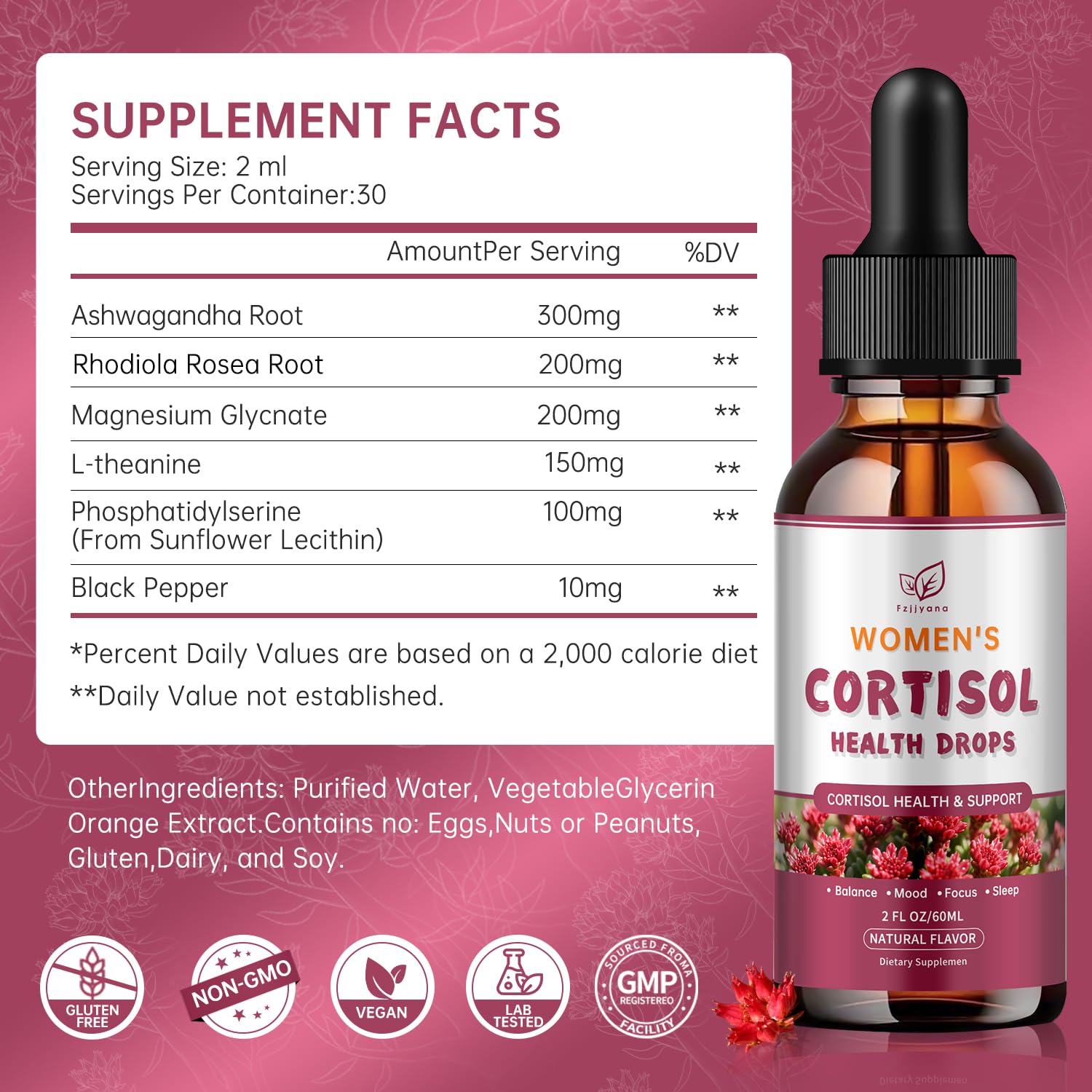 Cortisol Manager Liquid Drops, Cortisol Supplements for Women, with magnesium ashwagandha, rhodiola rosea,l-theanine,Phosphatidylserine-Promote Relaxation and Support Mood- 30 Day Vegan Supply FzjjyanaAu supplements