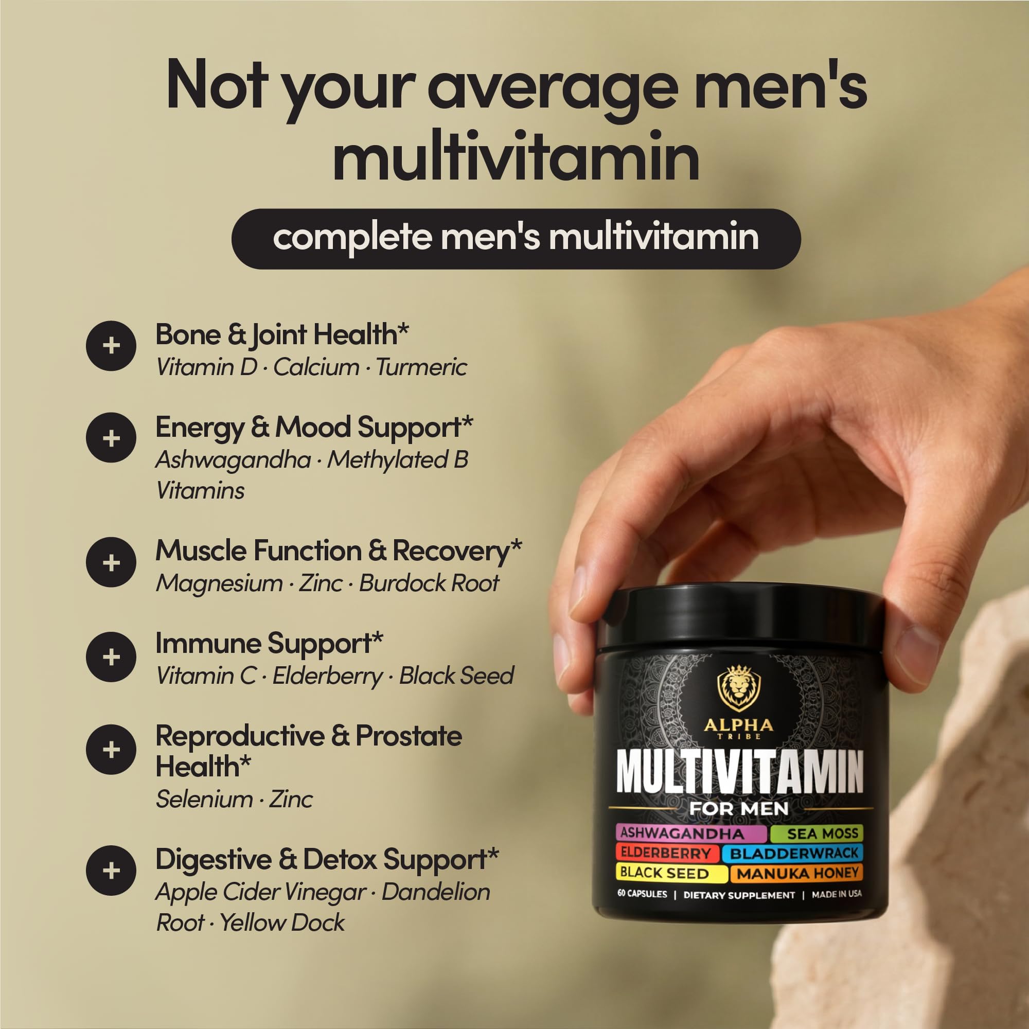 Alpha Tribe Multivitamin for Men with Seamoss Black Seed Oil Ashwagandha Burdock Root, Turmeric Bladderwrack, Vitamin C, Elderberry, Manuka, Yellow Dock | Daily Men's Vitamins and Minerals Supplement Alpha TribeAu supplements