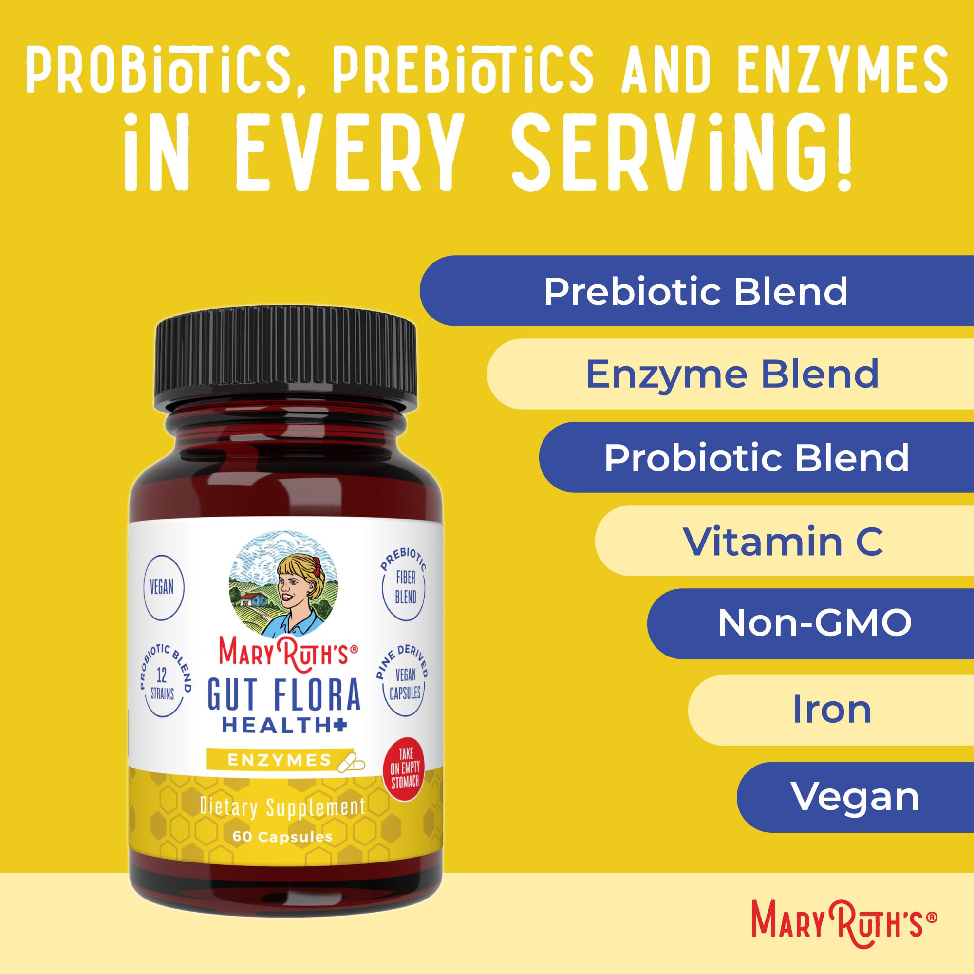 MaryRuth Organics Gut Flora Health+ Enzymes | Up to 2 Month Supply | Prebiotic Probiotic Digestive Enzymes Blend for Healthy Gut Biome & Digestive Support | Gastrointestinal Health | 60 Capsules MARYRUTH'SUS supplements