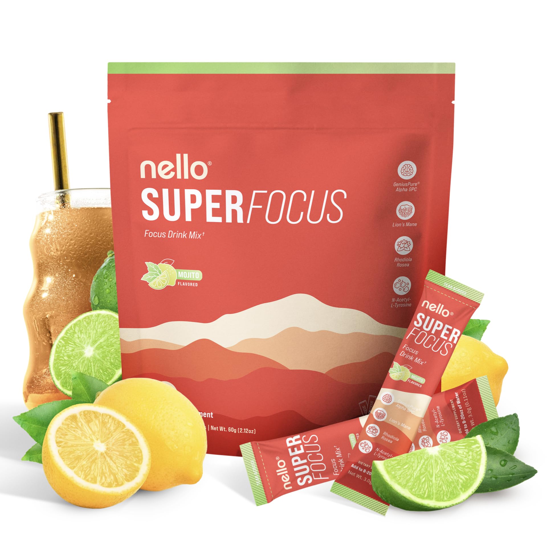 Nello Superfocus Mojito – Nootropic Focus Drink Mix, 20 On-The-Go Packets, Alpha GPC, Lion’s Mane, Rhodiola, Sugar-Free NelloAu supplements