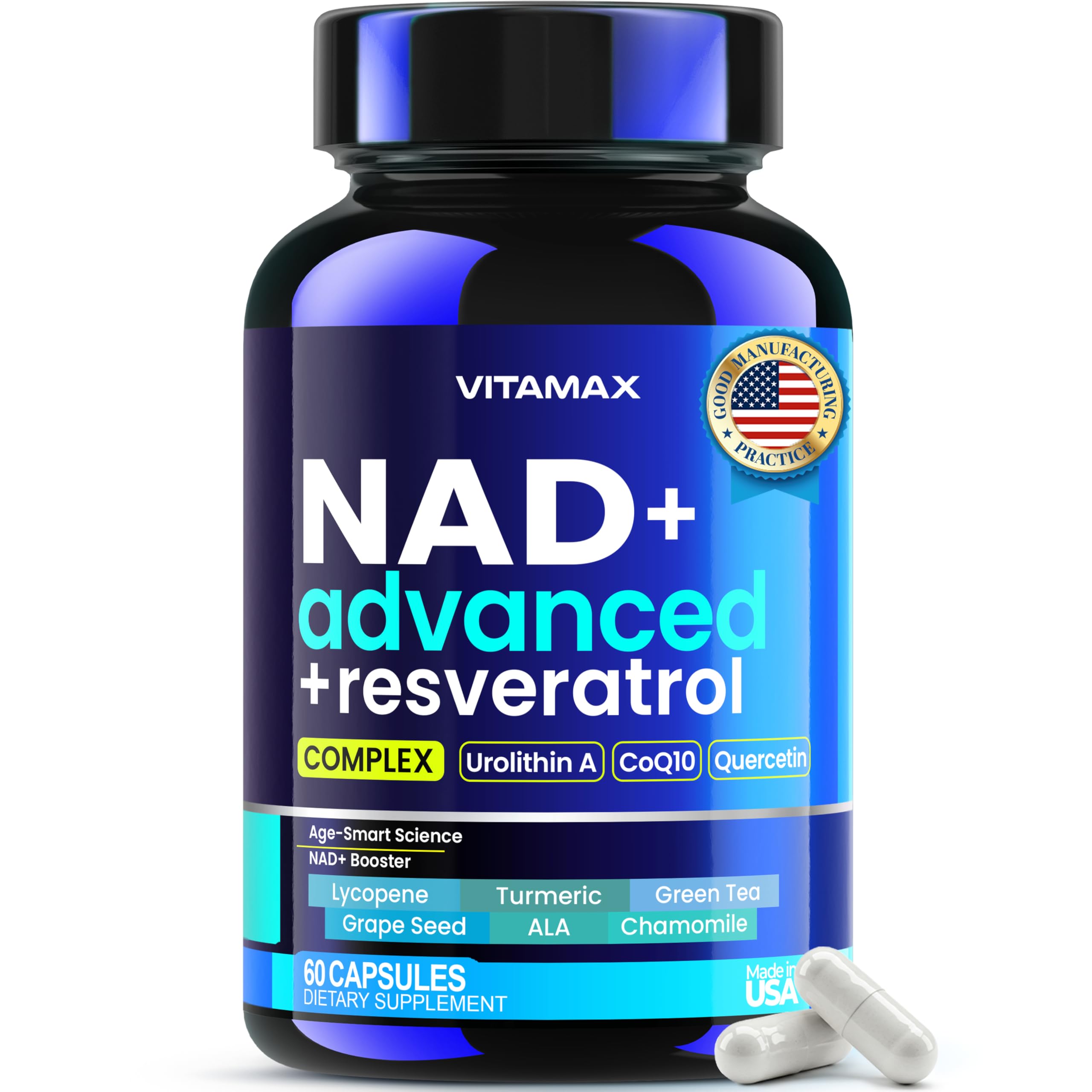 Liposomal NAD+ Supplement Extra Strength | Urolithin A, Resveratrol, CoQ10 - Women & Men - ALA, Green Tea, Quercetin, Lycopene | High Purity, Energy & Regeneration - Made in USA – 60ct VitamaxAu supplements