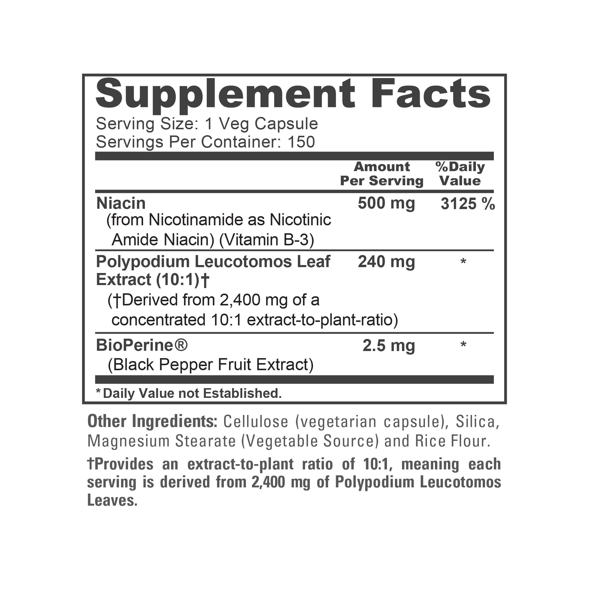 NusaPure Polypodium Nicotinamide 10:1 Extract, 240 mg Equivalent to 2,400 mg per Veg Caps - 150 Count (Non-GMO, Soyfree, Bioperine) NusaPureAu supplements