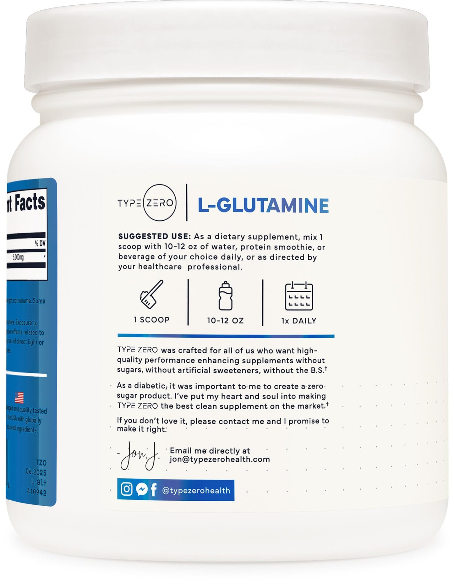Type Zero L-Glutamine Powder (500G) 3-Month Supply Pure L-Glutamine Supplement - Vegan, Gluten Free, No Fillers Type ZeroUS supplements