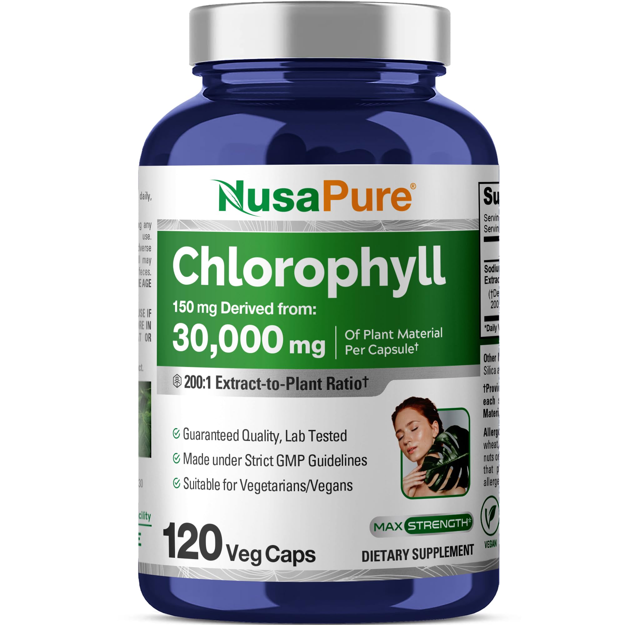 NusaPure Chlorophyll 200:1 Extract, 150 mg Equivalent to 30,000 mg per Capsule 120 Vegetarian Caps (Non-GMO, Vegan) NusaPureAu supplements