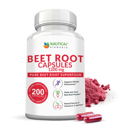Beet Root Capsules - 1200mg Per Serving - 200 Beet Root Powder Capsules - Beetroot Powder Supports Blood Pressure, Athletic Performance, Digestive Nautical ElementsUS supplements