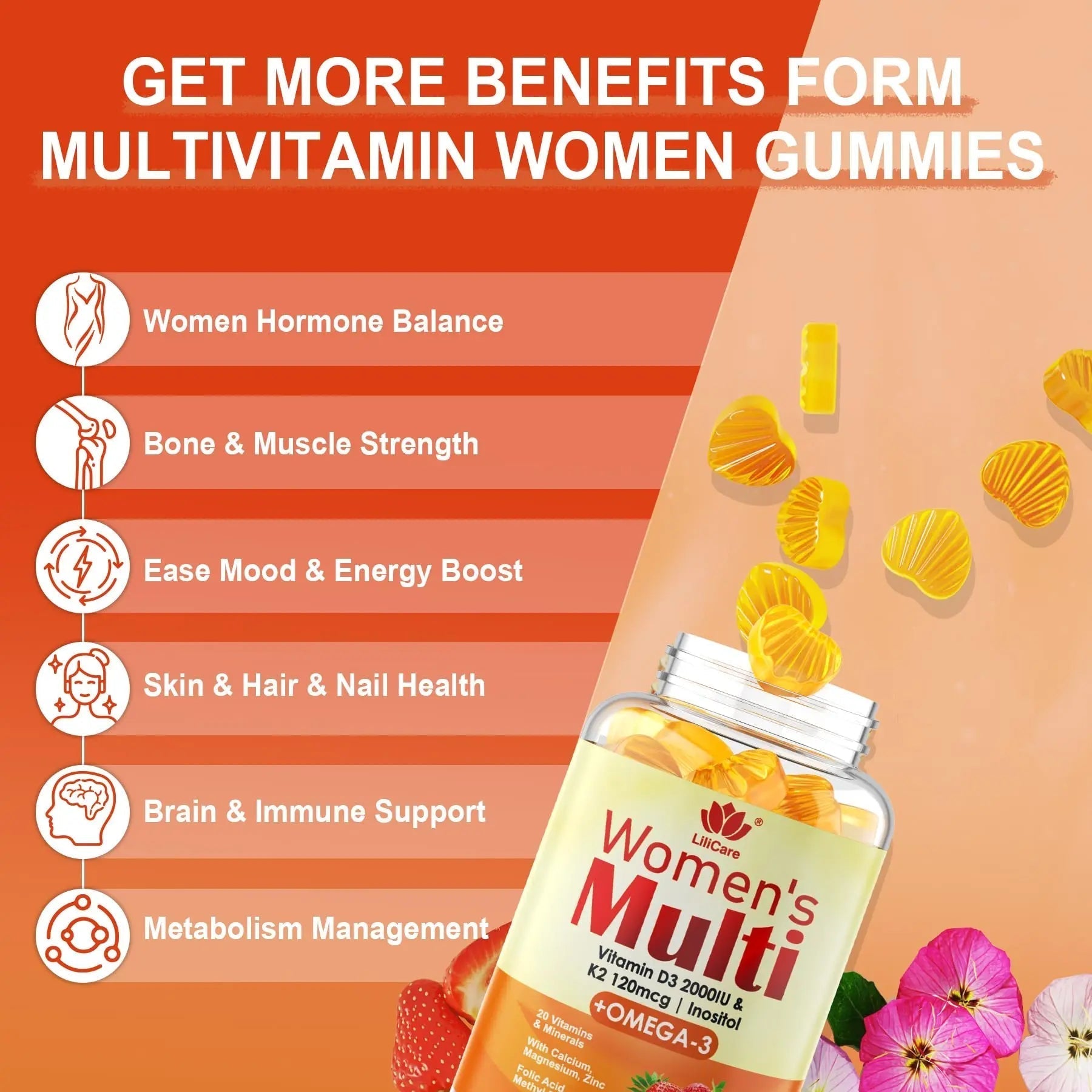 Womens Multivitamin Gummy with Omega 3（DHA/EPA), Vitamin D3 K2, Calcium, Inositol, Daily Womens Vitamin A C E B Complex LILICAREAu supplements
