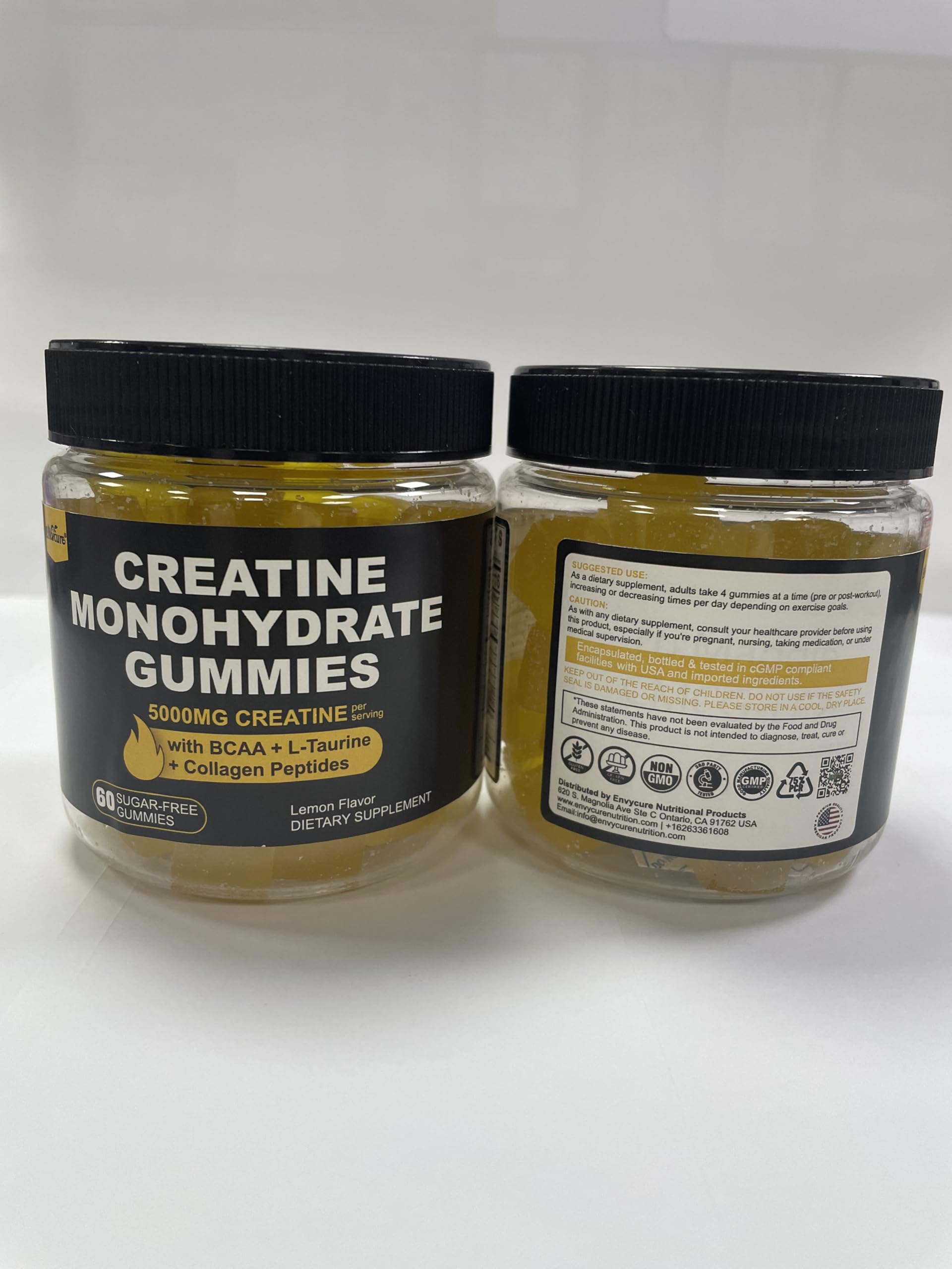 Creatine Monohydrate Gummies for Men & Women - with BCAA, Collagen Peptides, L-Taurine, Vitamin B12, D3, Chewables Creatine Monohydrate 5g Per Serving, Natural Lemon Flavor, Sugar Free, 2 Pack EnvyCureAu supplements