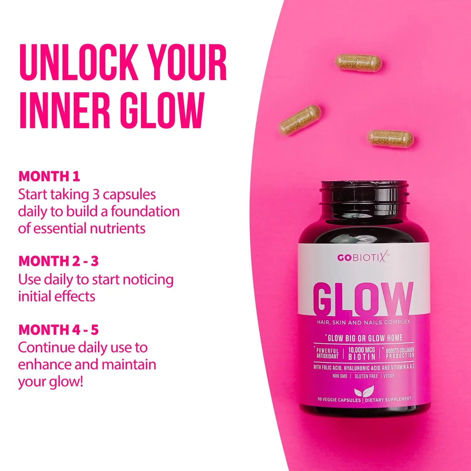 GOBIOTIX Hair Skin and Nails Vitamin Supplement - 10000mcg Biotin Pills with Hyaluronic Acid, Folate, Iron, Magnesium, and Zinc GOBIOTIXAu supplements