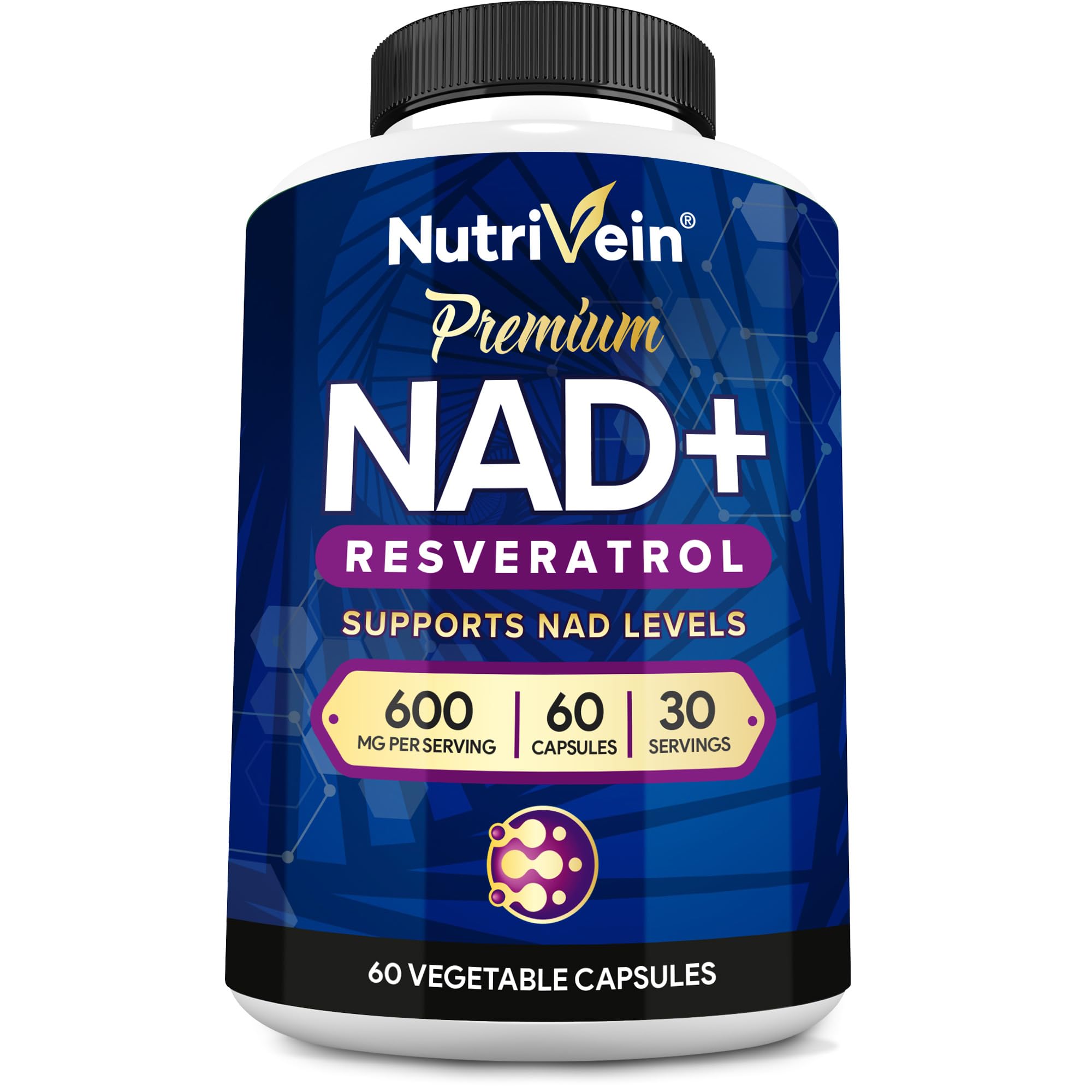 Nutrivein Premium NAD + Resveratrol Supplement 600 mg - 30 Servings (60 Capsules): Powerful Synergistic NAD Resveratrol Supplement - Aging, Cognition, Metabolism, & Overall Well-Being NutriveinAu supplements