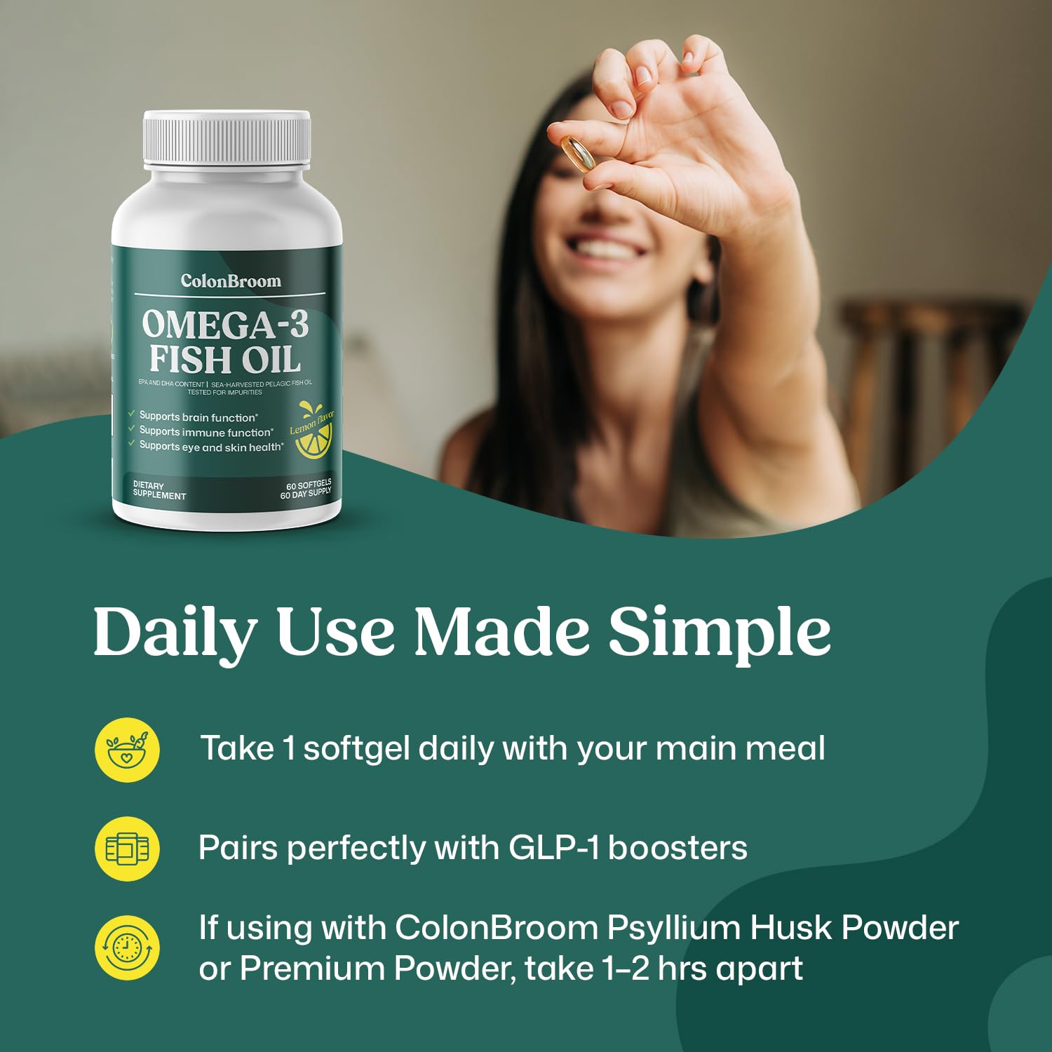 ColonBroom Omega 3 Fish Oil 2640 mg Softgels | Lemon Flavor | Daily Fish Oil Omega-3 Supplement for Women & Men with EPA & DHA | Gluten-Free, Non-GMO, Natural (60 Softgels, 2 Month Supply) ColonBroomAu supplements