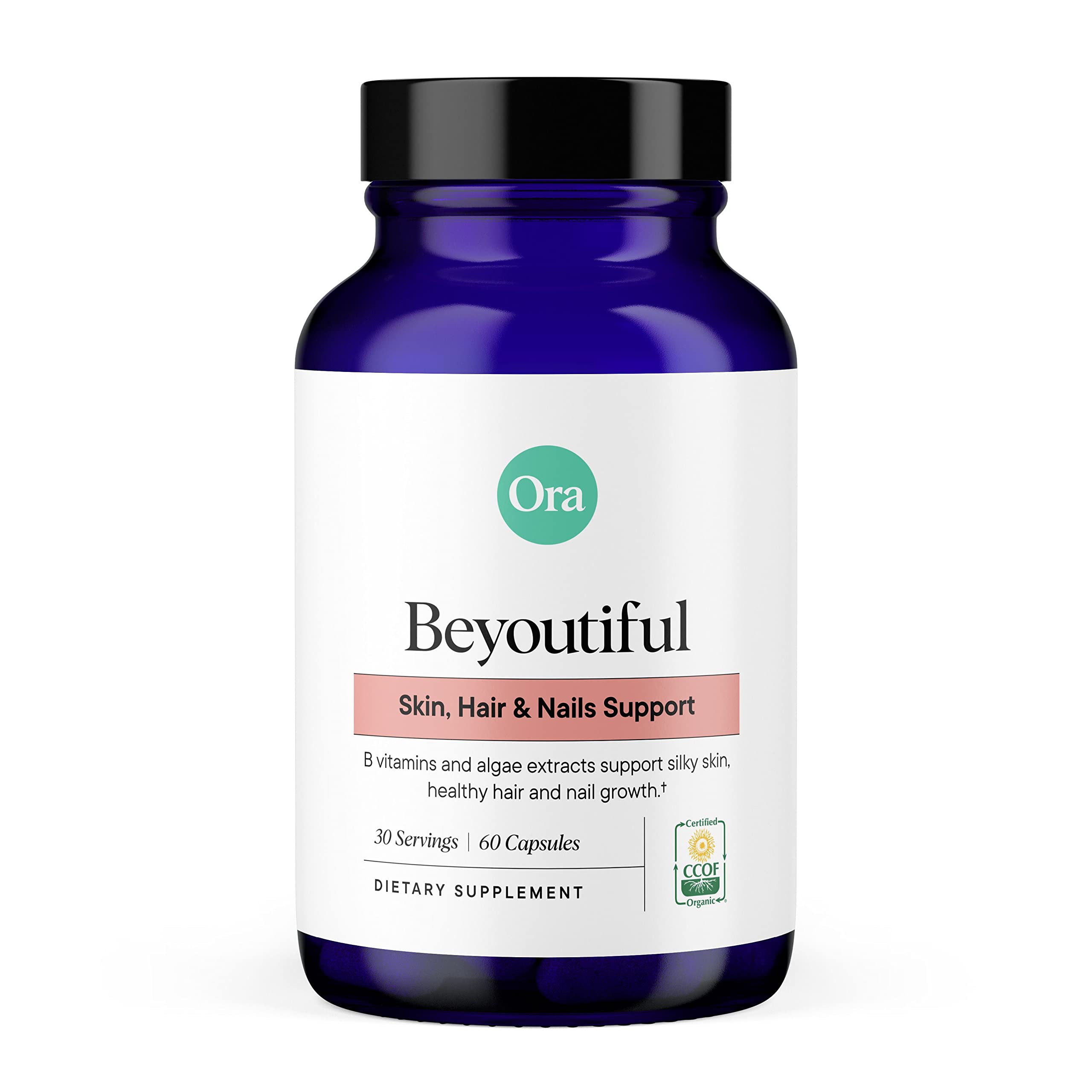Ora Organic Hair, Skin, and Nails Support- BeYouTiful - Beauty Supplement with B Vitamins and Algae Extracts for Healthy Hair and Skin - 60 Vegan Capsules Ora OrganicUS supplements