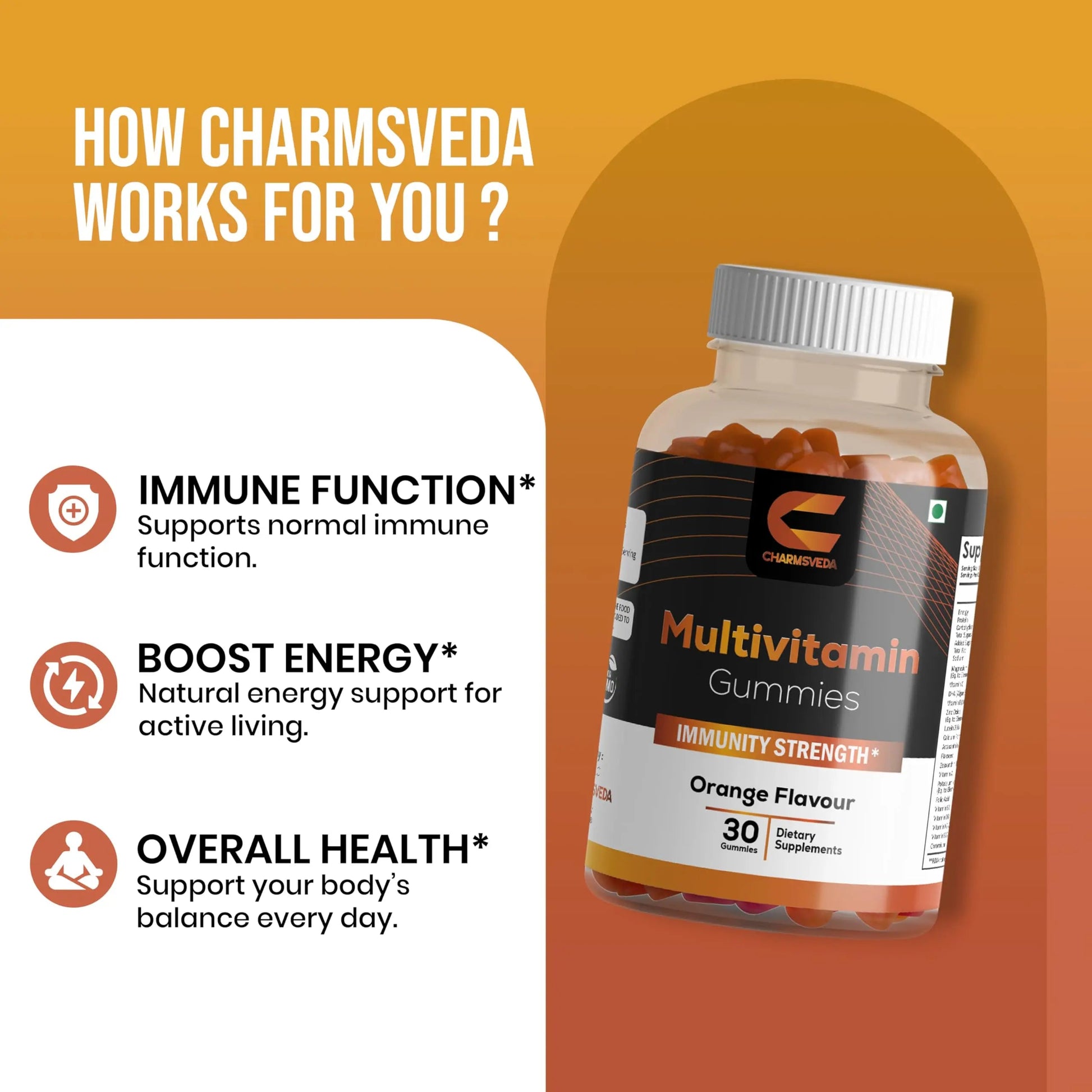 CHARMSVEDA Multivitamin Gummies – Energy, Immunity & Overall Wellness with DHA, Vitamin C, Zinc & Antioxidants – Orange Flavour – 30 Gummies CHARMSVEDAAu supplements