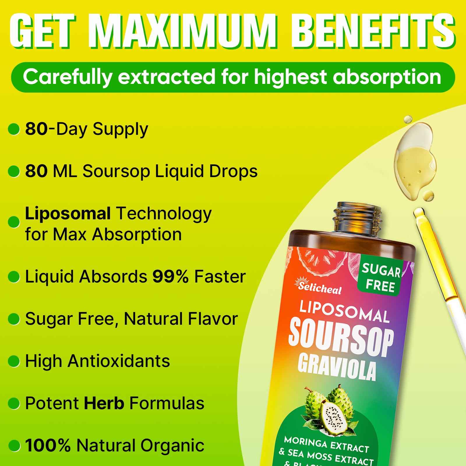 (80ML) Supplement Liquid Drops, 10 in 1 Soursop Multivitamin Drops with Leaf Extract & Sea Moss, for Cell Support & Regeneration, Immunity, Gut, Zzz, Skin & Antioxidant | 2.8 Fl Oz - 80 Days Supply SelichealAu supplements