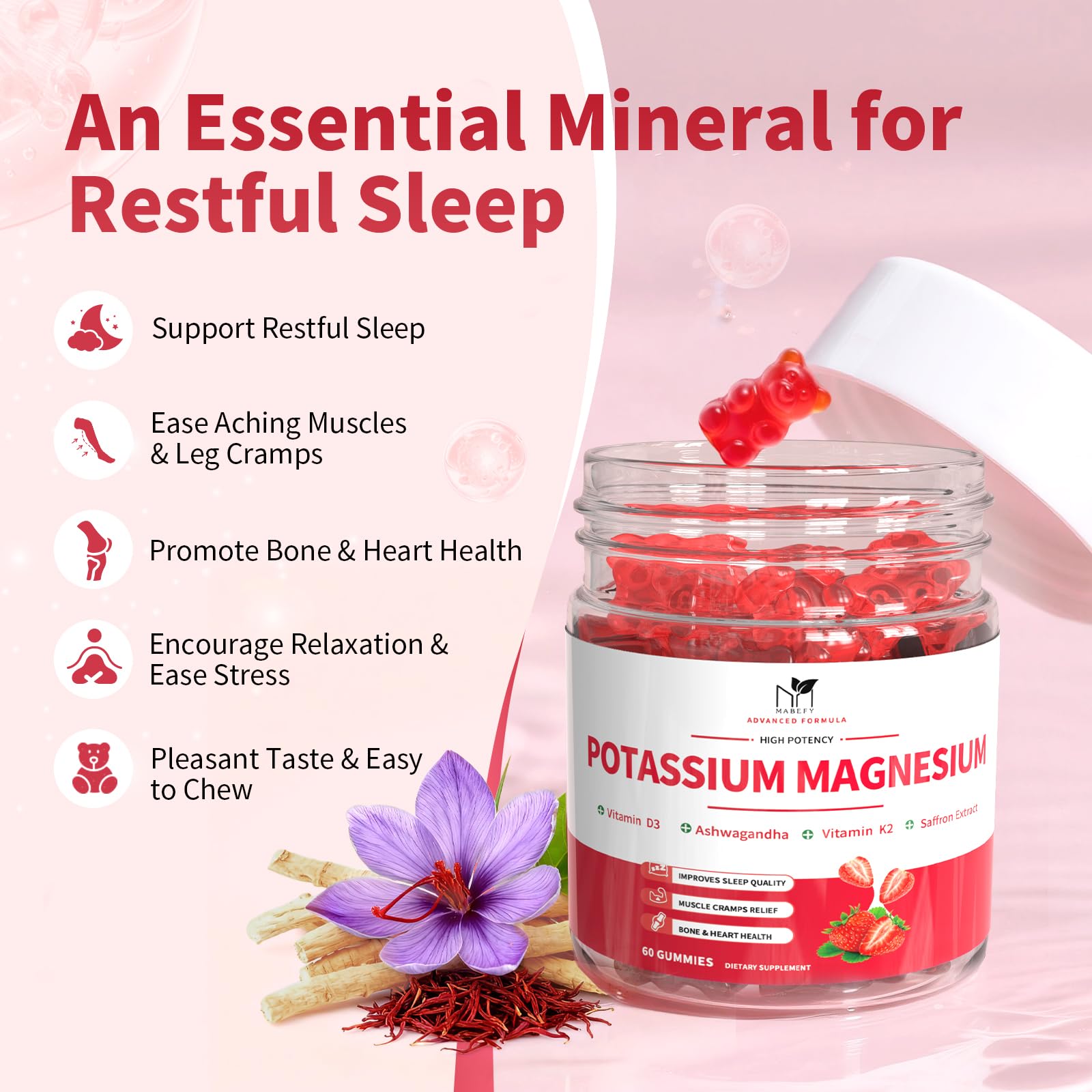 2 Pack Potassium Magnesium Gummies, Sugar Free Potassium Supplement Magnesium Glycinate 500mg, Ashwagandha, Vitamins D3, C, B6, Calcium & Zinc for Sleep, Leg Cramps & Muscle Relaxation-120 Count MABEFYAu supplements