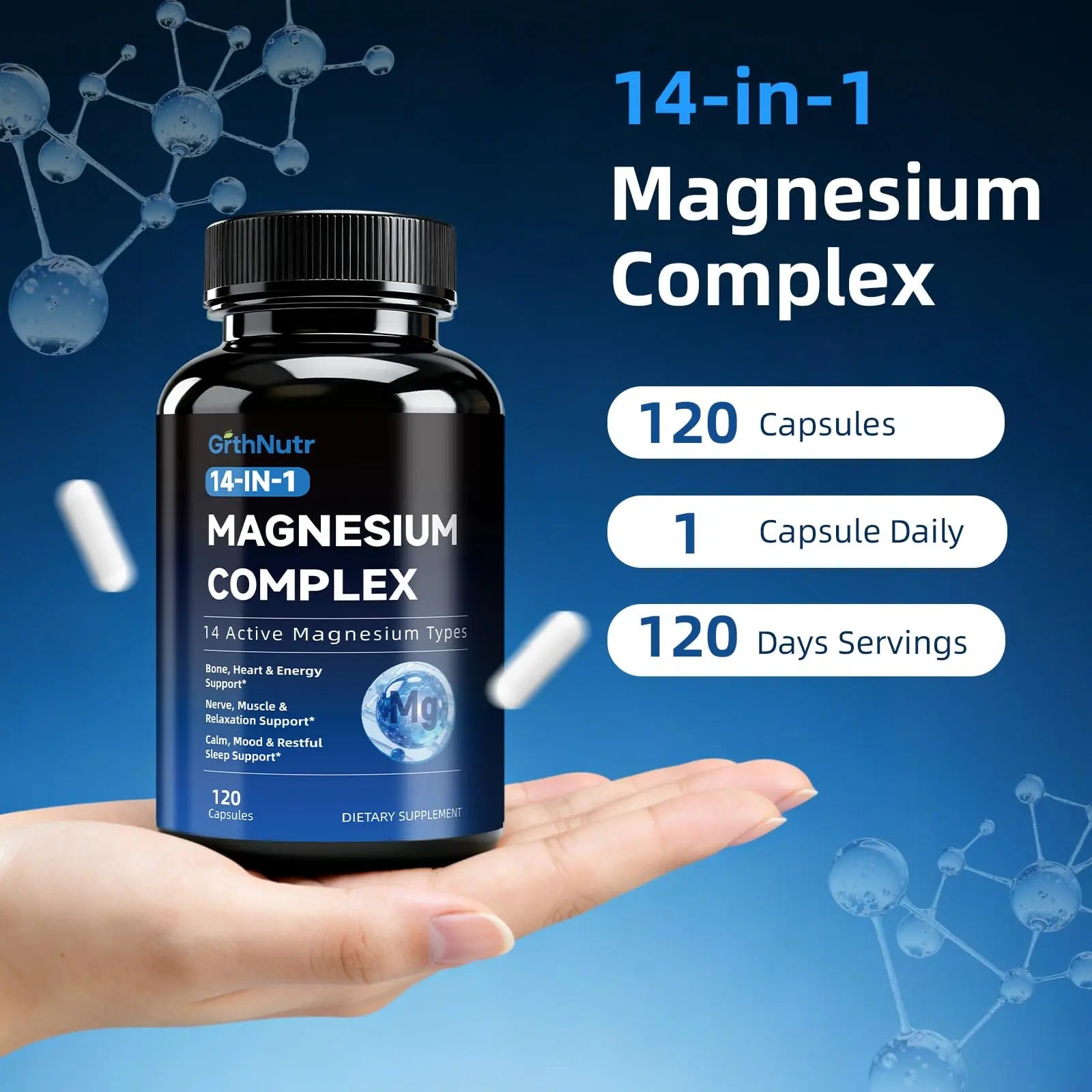 14-in-1 Magnesium Complex Supplement, 1200mg Elemental Magnesium Glycinate, Citrate, Malate, Taurate - Magnesium Complex for Women Nerves, Bone & Heart Health | Non-GMO GrthNutrnz supplements