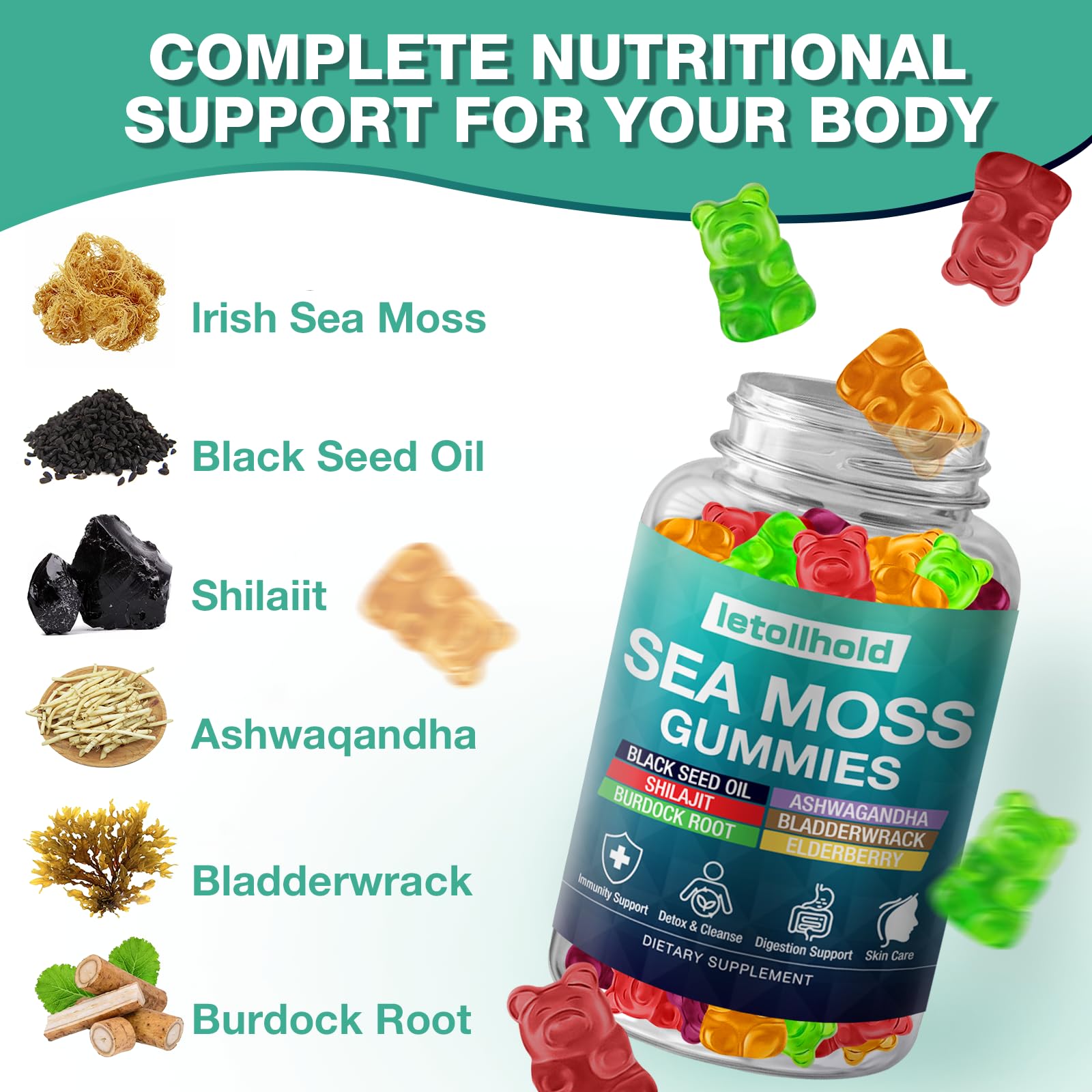 Sea Moss Gummies - Irish Sea Moss Gummies Advanced for Adults with Ashwagandha Bladderwrack & Burdock Root for Supports Immune，Energy - 60 Vegan Gummy,5PCS letollholdAu supplements