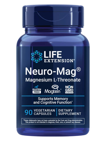 Life Extension Neuro-Mag Magnesium L-Threonate, Memory Health, Quick Thinking, Cognitive Health Support, Vegetarian, Non-GMO, 90 Vegetarian Capsules (144 mg from 2000 mg Magtein magnesium L-threonate Life ExtensionAu supplements