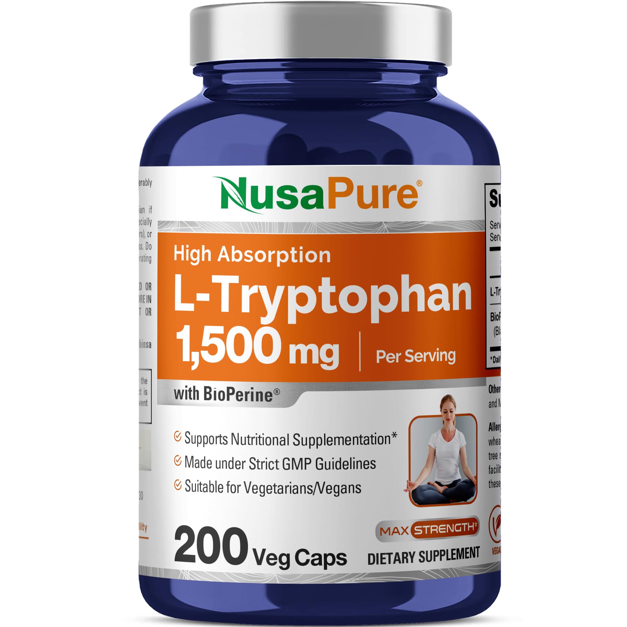 NusaPure L-Tryptophan - Suitable for Vegetarian/Vegan, Non - GMO - 1500mg 200 Capsules NusaPureAu supplements