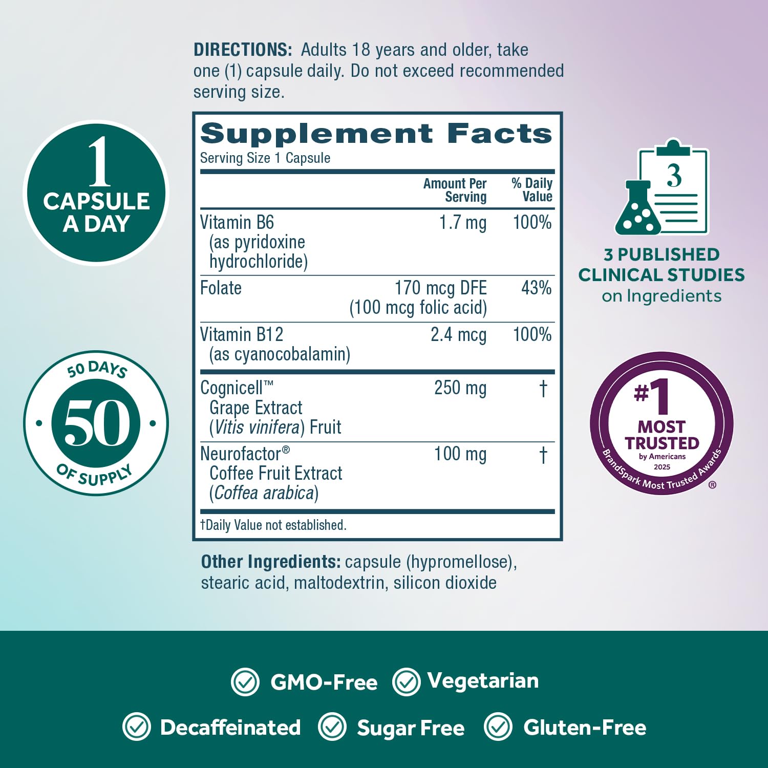 NEURIVA Memory 3D Brain Supplement - Decaffeinated Nootropic Capsules for Memory, Focus, & Cognitive Function - Short Term, Long Term, & Working Memory Support - 50ct NEURIVAAu supplements