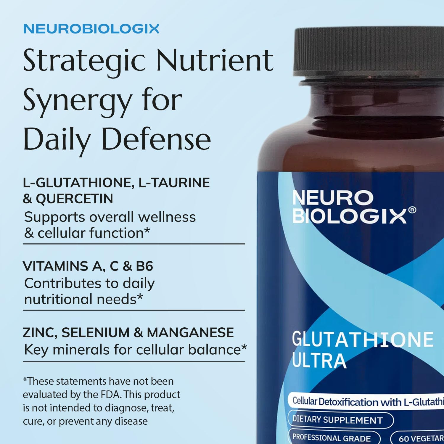 Neurobiologix Glutathione Ultra, L-Glutathione Antioxidant Complex with Vitamin C, A, B2, B6, Zinc, Selenium, Manganese, Taurine & Quercetin for Cellular Health, Gluten Free, 60 Vegetarian Capsules NeurobiologixAu supplements
