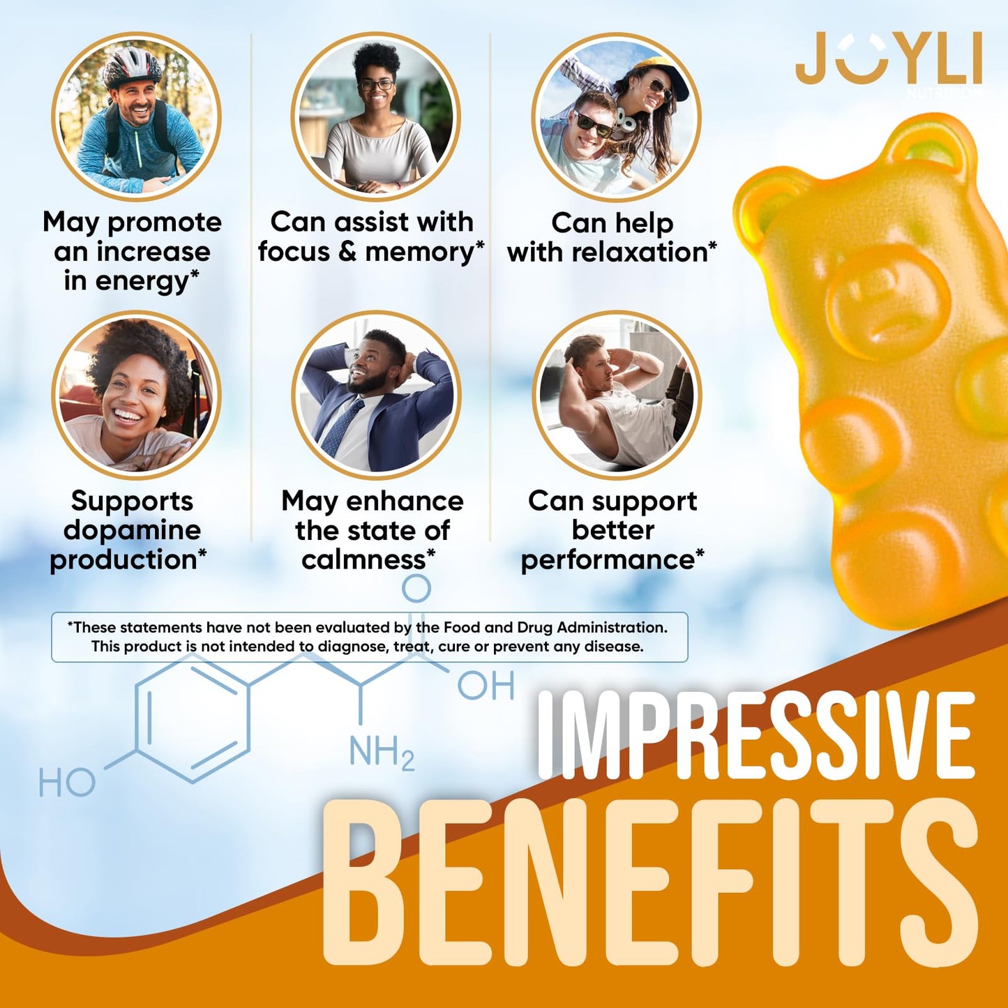Joyli L Tyrosine Gummies 1000MG - L-Tyrosine Supplement for Kids & Adults - Calm & Focus Gummies for Brain, Memory, Mood, and Energy - 500mg L- Tyrosine Powder per Gummy - Vegan, Gluten-Free JOYLI NutritionUS supplements