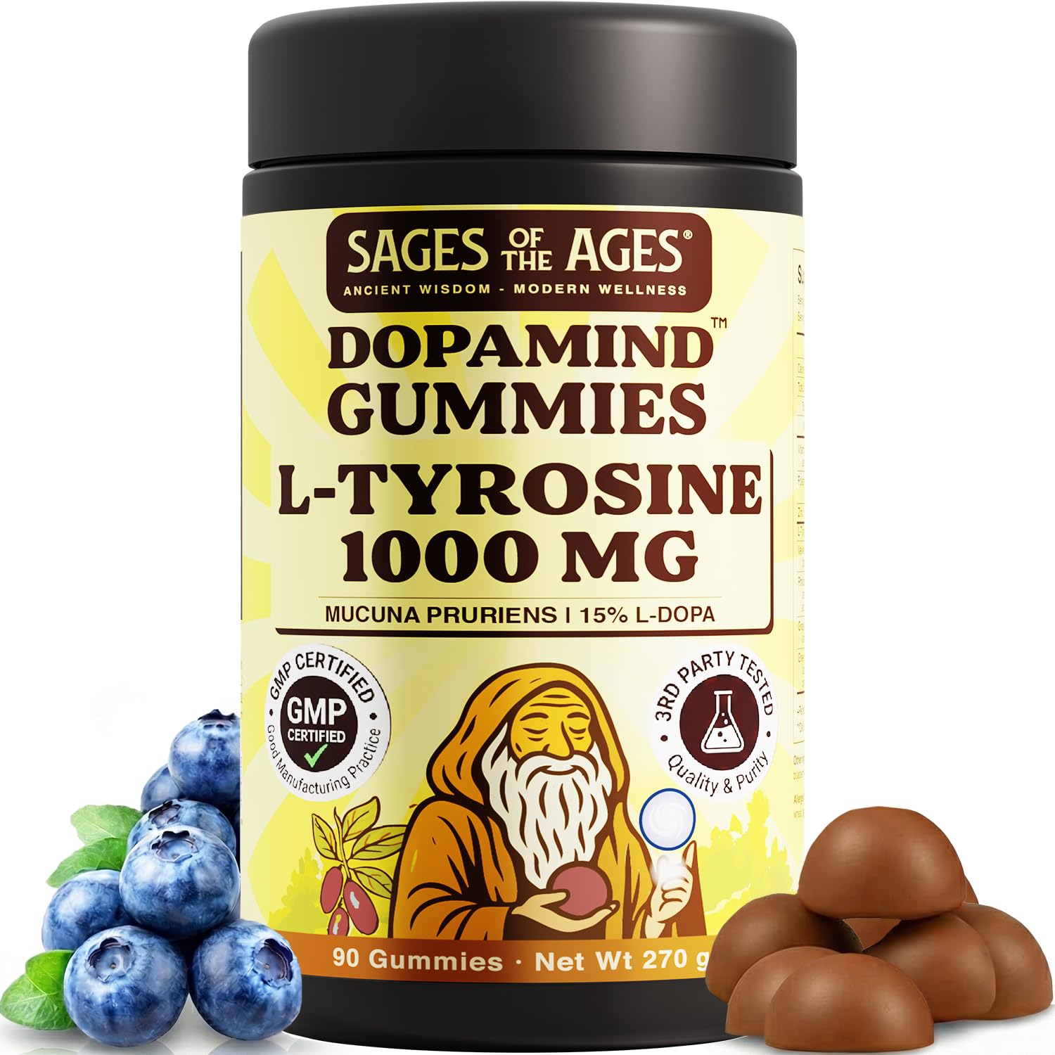 Sages Of The Ages L-Tyrosine Gummies 1000mg – Amino Acid Supplement with Mucuna Pruriens, B Vitamins & Rhodiola – Blueberry Flavor – 90 Gummies Sages Of The AgesAu supplements