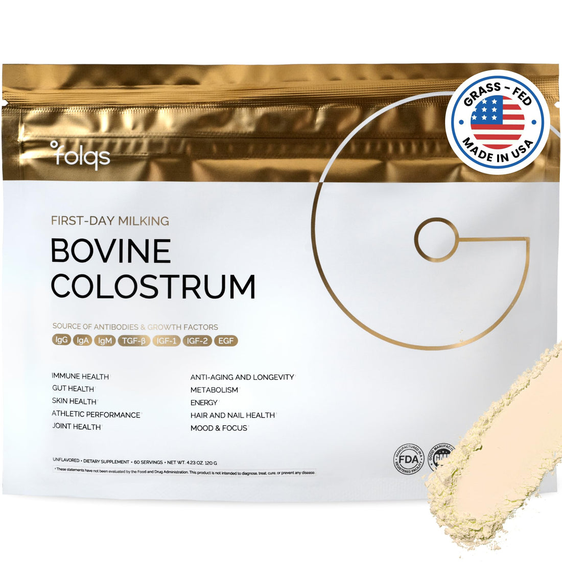 Folqs Bovine Colostrum Powder – First-Day Milking for Immune & Gut Support – 60 Servings – Supports Skin & Tissue Health – Made in USA - Amino Acids, Vitamins, Minerals – Kosher - Sustainably Sourced FolqsAu supplements