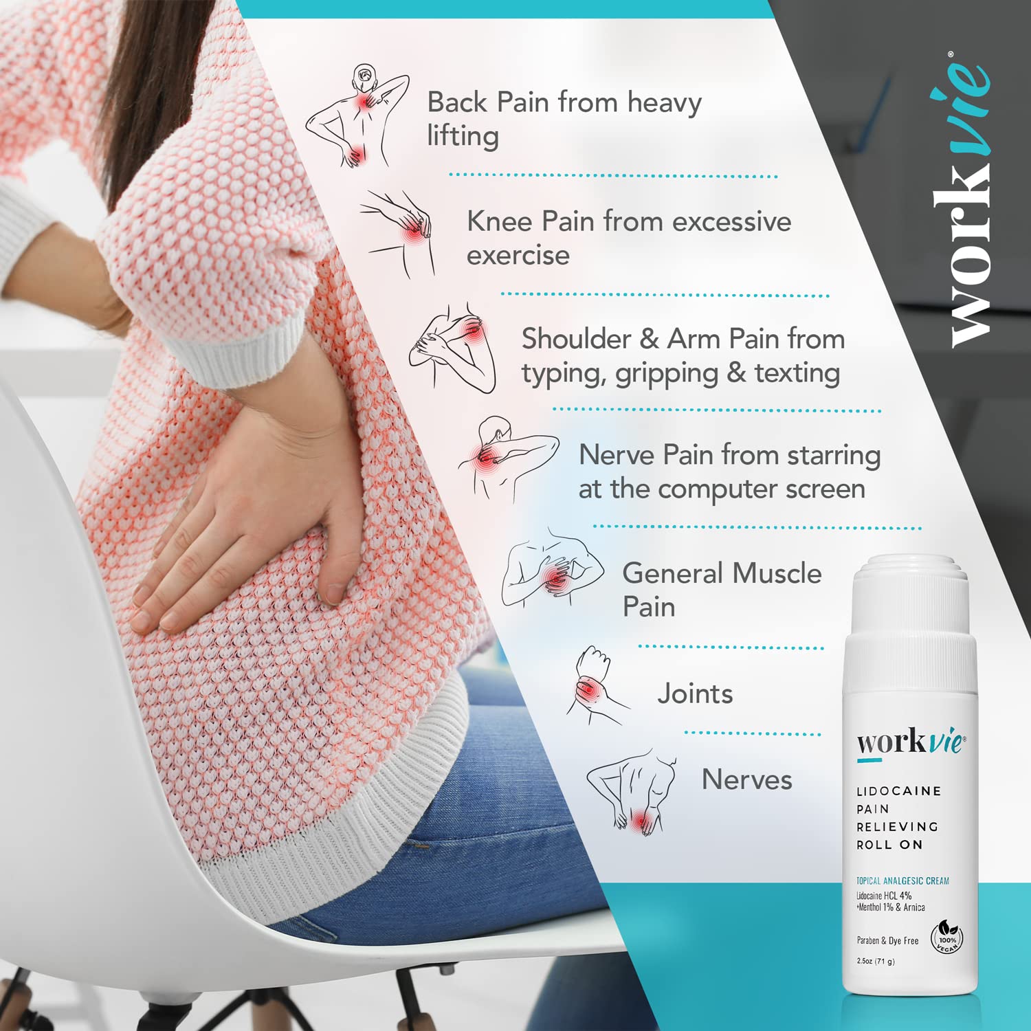 Workvie Lidocaine Pain Relief Roll On 2 Pack & Easy Reach Applicator Tool – Fast Acting Topical Lidocaine Maximum Strength with Arnica Montana & Aloe Vera for Muscles, Joints, Back, Neck & Feet WorkvieAu supplements