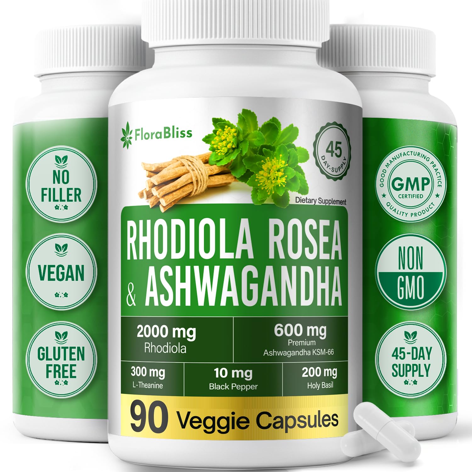 FloraBliss Rhodiola Rosea with Ashwagandha KSM-66, L-Theanine, Holy Basil & Black Pepper - 90 High Potency Vegan Capsules - 45-Day Supply FloraBlissAu supplements