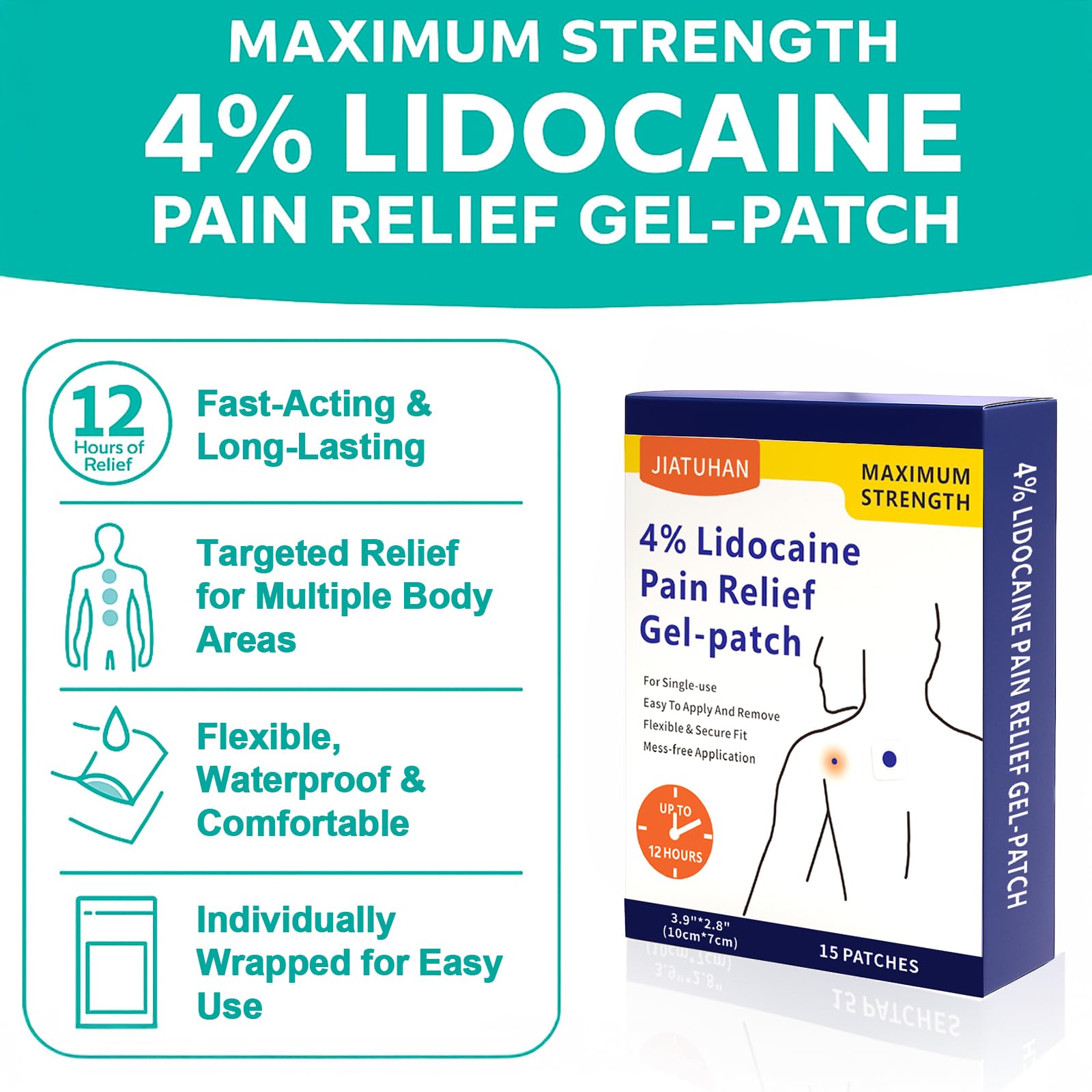 JIATUHAN 4% Lidocaine Pain Relief Patches – Maximum Strength for Back, Neck, Joint & Muscle Pain – Long-Lasting & Flexible – 15 Patches JIATUHANAu supplements