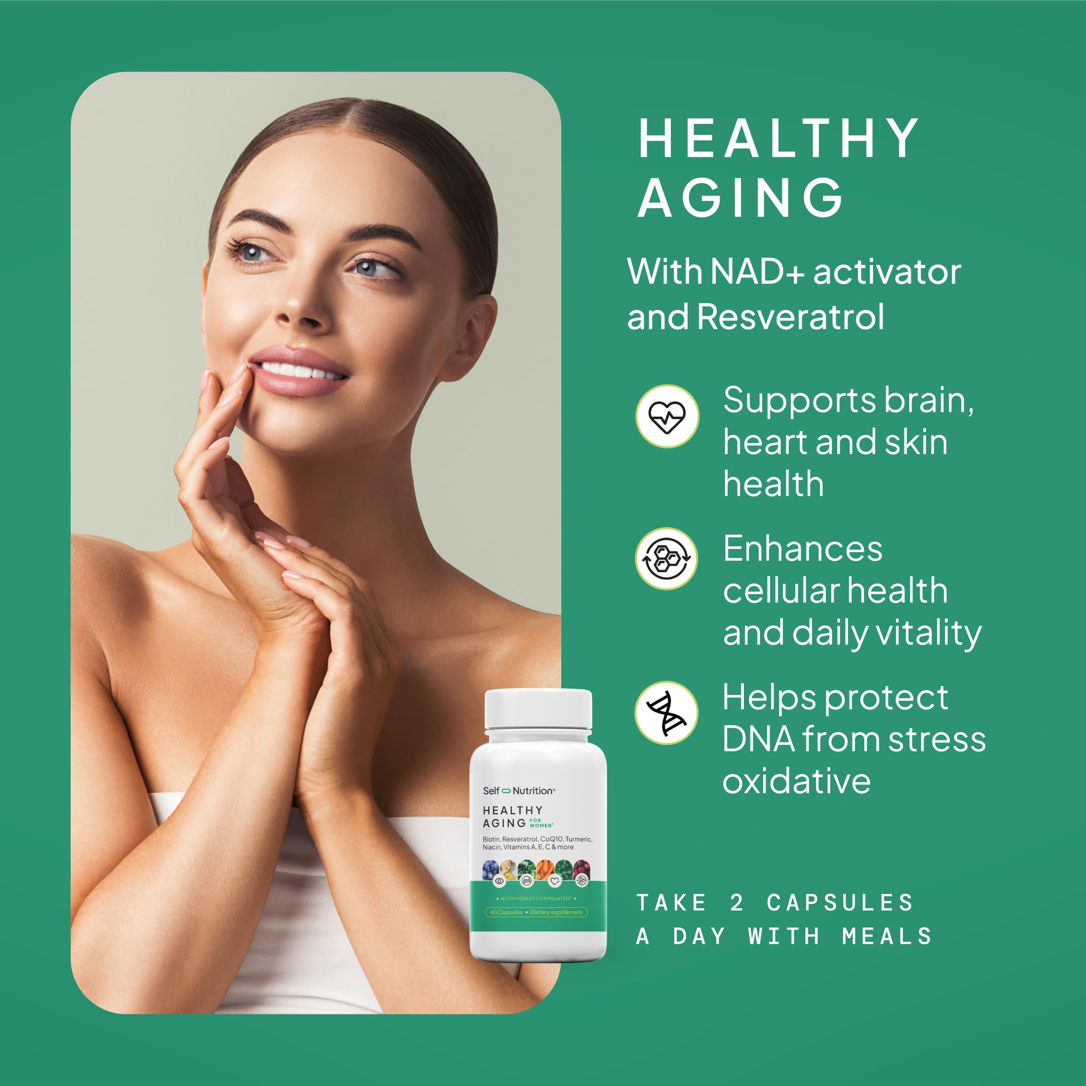 SELF NUTRITION NAD+ Resveratrol Supplement for Women – Healthy Aging Formula with CoQ10, Biotin, Turmeric & Vitamins A, C, E – Supports Energy, Skin & Longevity – 60 Capsules. Made in USA. SELF NUTRITIONAu supplements