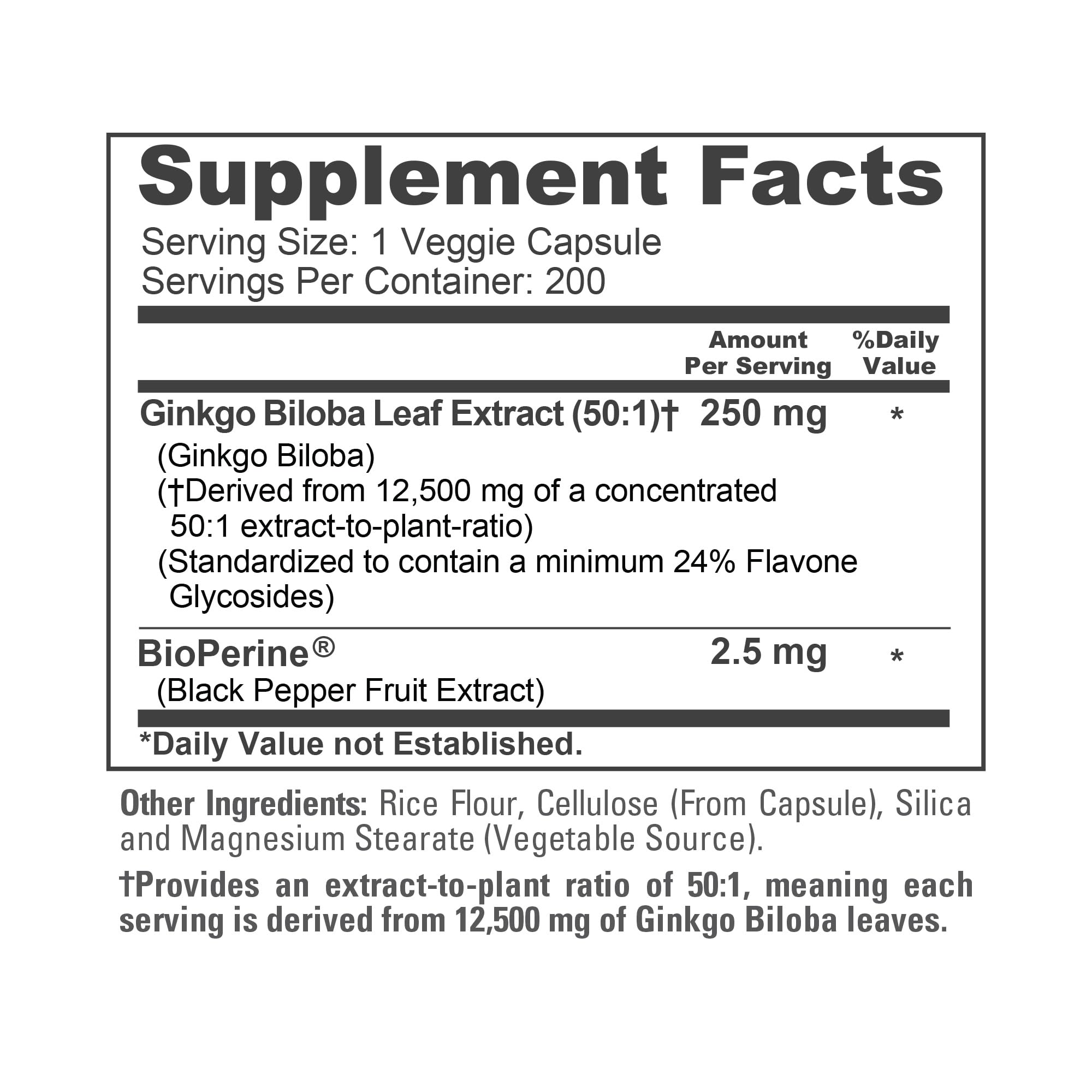 NusaPure Ginkgo Biloba 50:1 Extract, 250 mg Equivalent to 12,500 mg per Veggie Caps 200 Capsules (Vegetarian, Non-GMO, Vegan) Bioperine NusaPureAu supplements