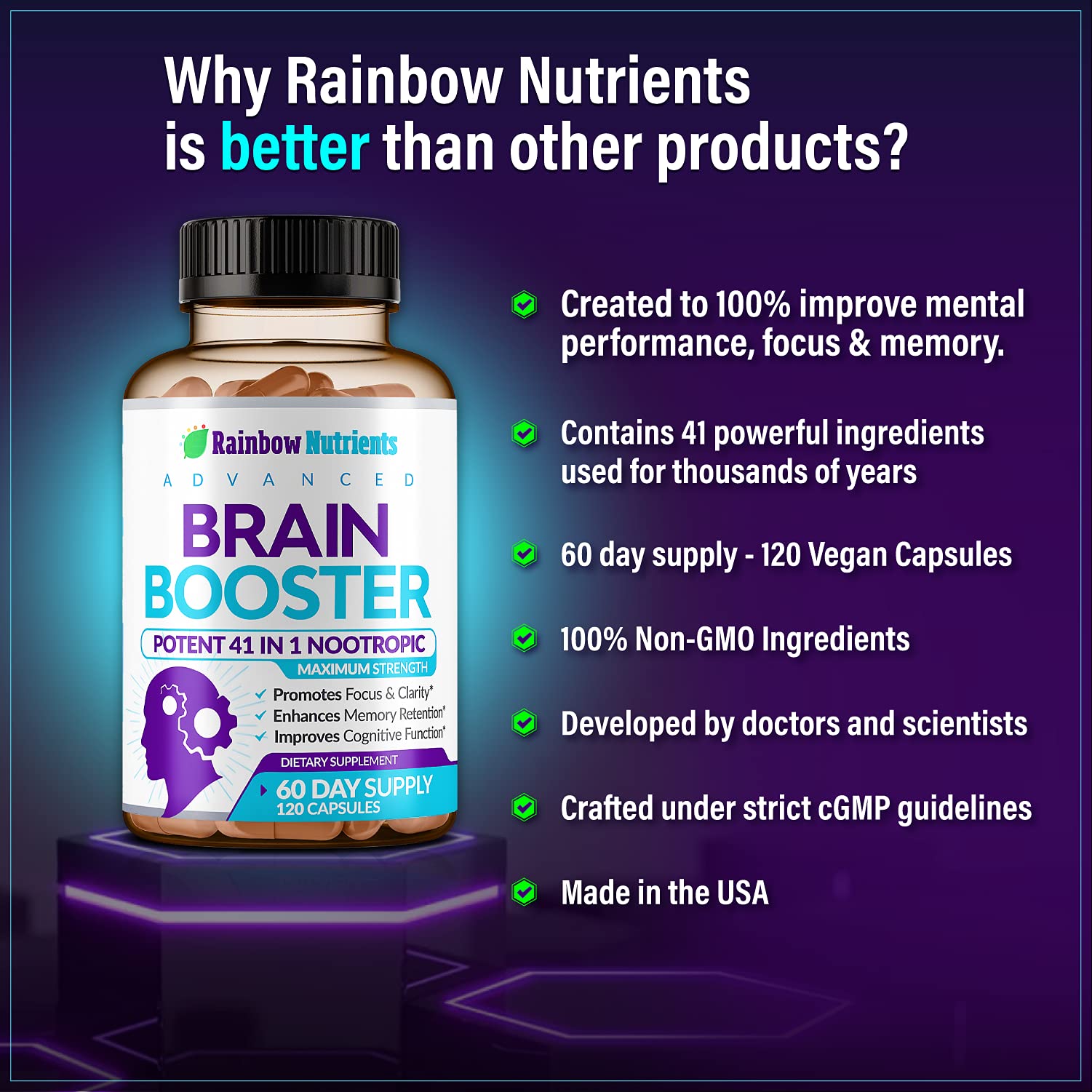 40-in-1 Brain Booster Supplements for Memory, Focus, Clarity, Energy, Performance Rainbow Nutrients, LLCUS supplements